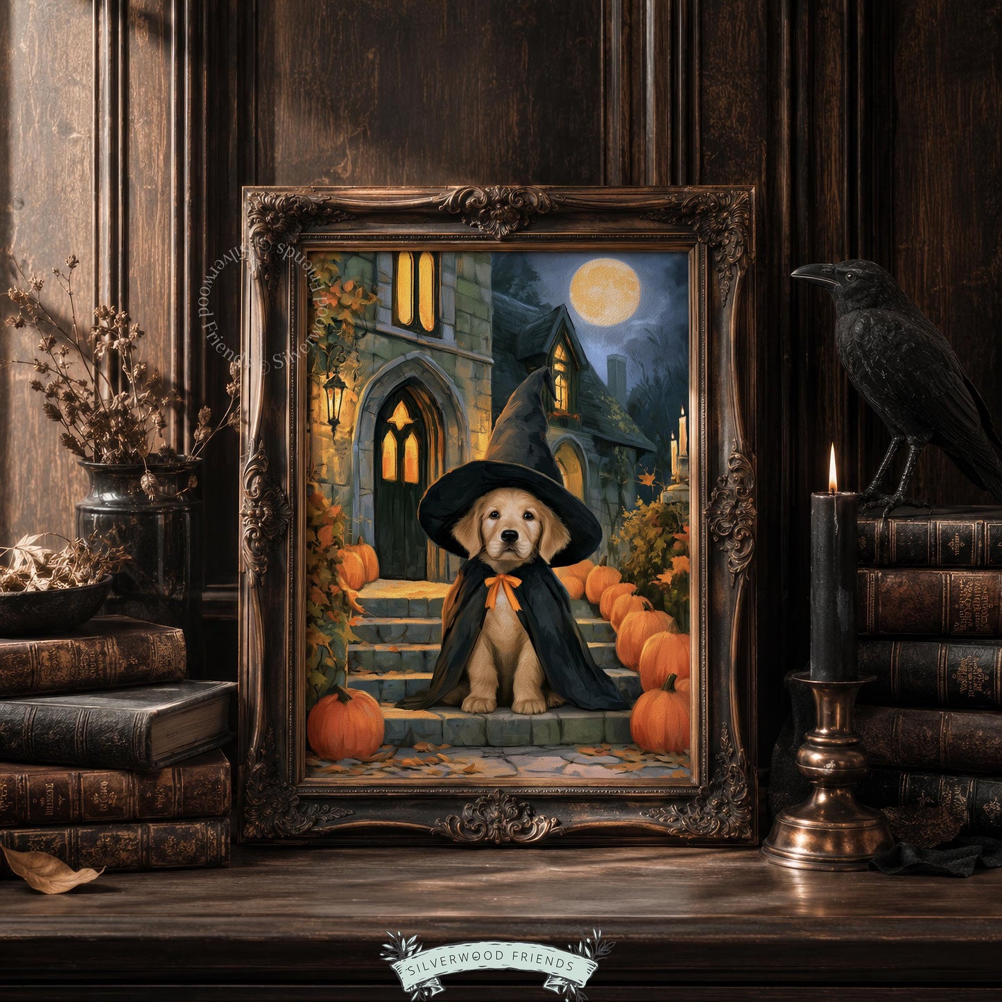 Witchy dog poster for fall hosting — charming retriever illustration amid autumn leaves and glowing lanterns