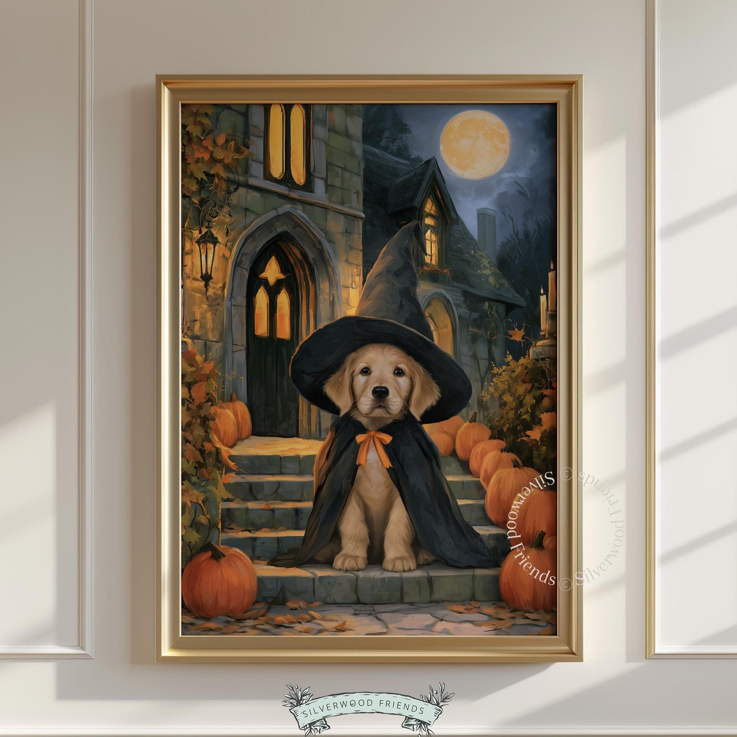 Adorable canine Halloween picture for home — golden retriever witch with atmospheric pumpkin and moonlit backdrop