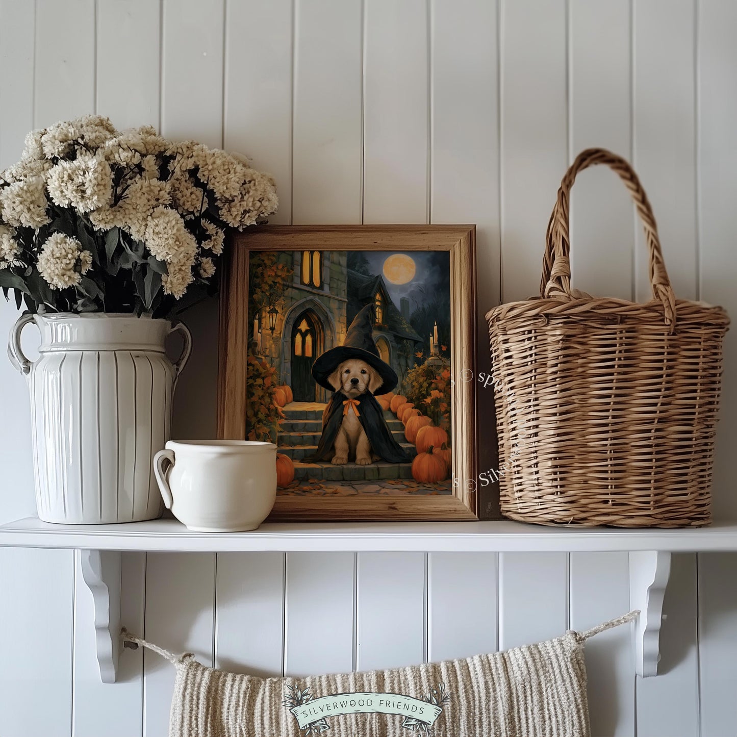 Dog witch artwork printable for seasonal display — vintage-inspired painting with glowing lanterns and dark academia mood