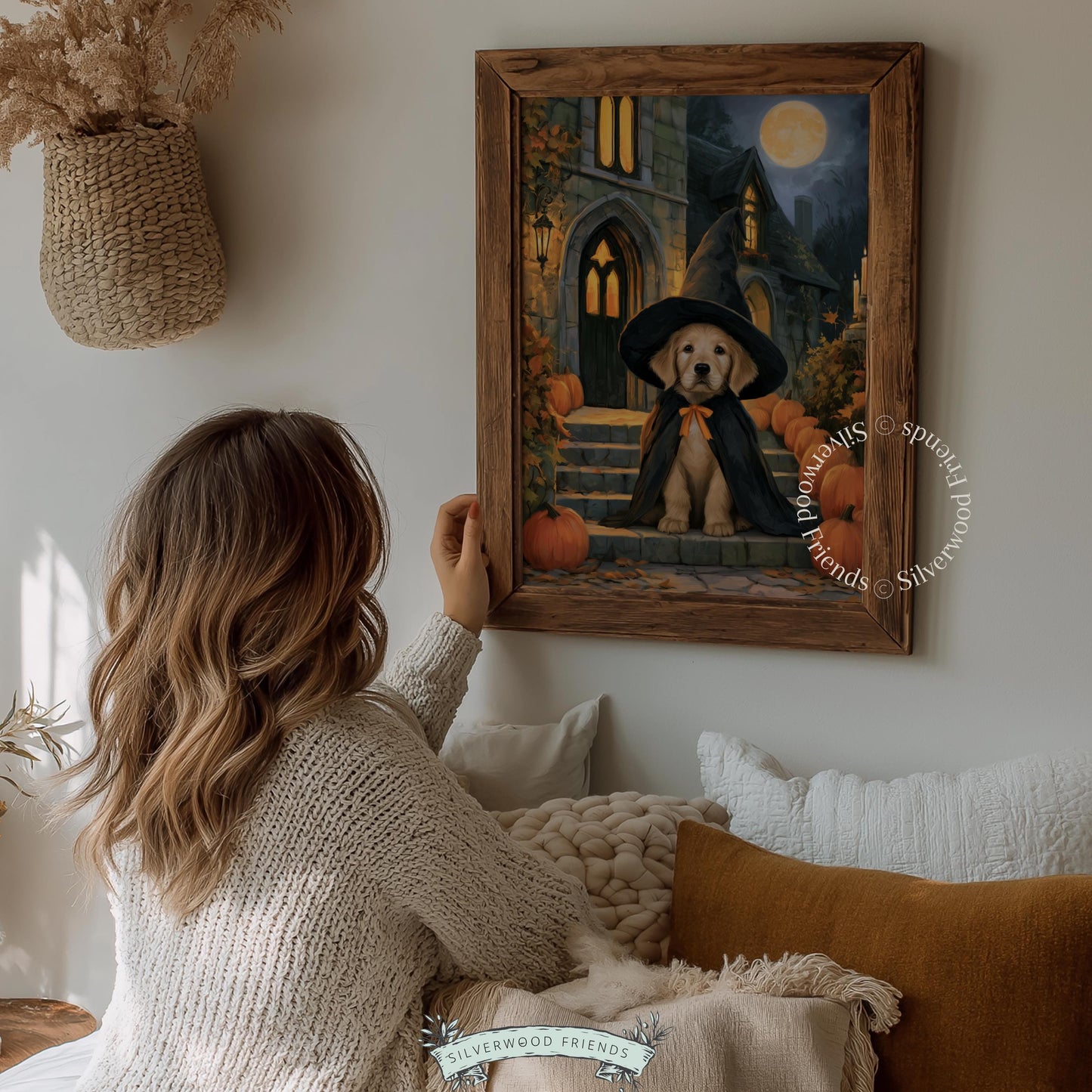 Witch puppy wall art for entryway — moody autumn painting featuring golden retriever in festive black ensemble