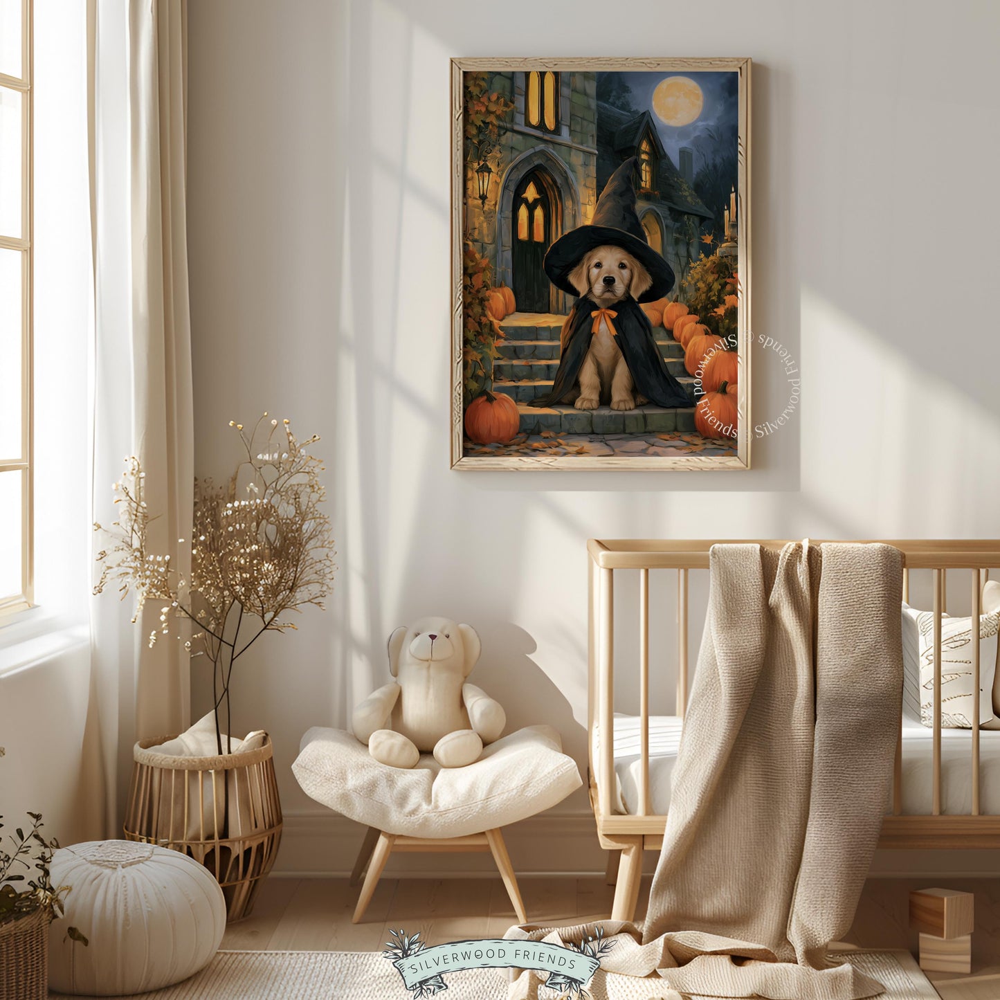 Pup in costume wall art download — vintage painterly style with moody Halloween aesthetic and stone manor setting