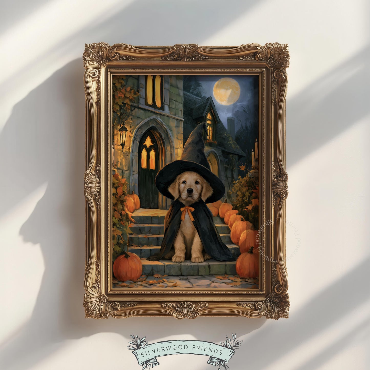 Festive canine wall decor for bedroom — painterly illustration of retriever witch with glowing autumn ambiance