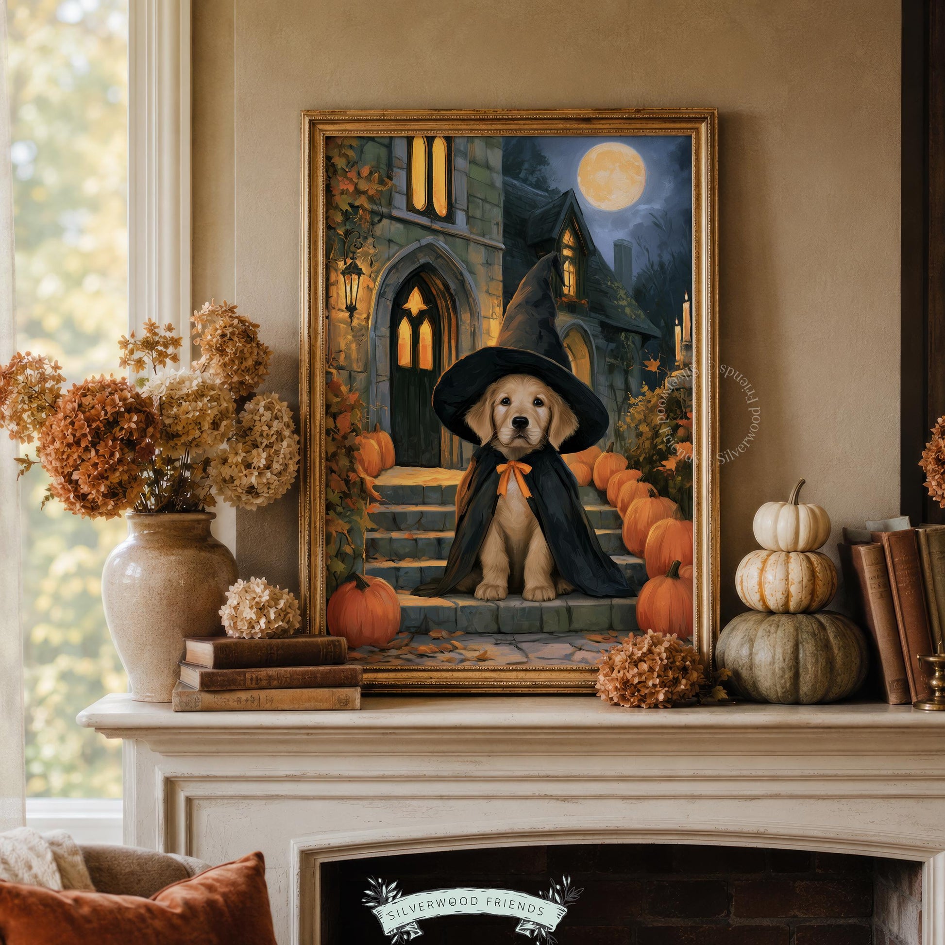 Halloween retriever poster instant download — cozy cottage aesthetic with lanterns, leaves, and full moon glow