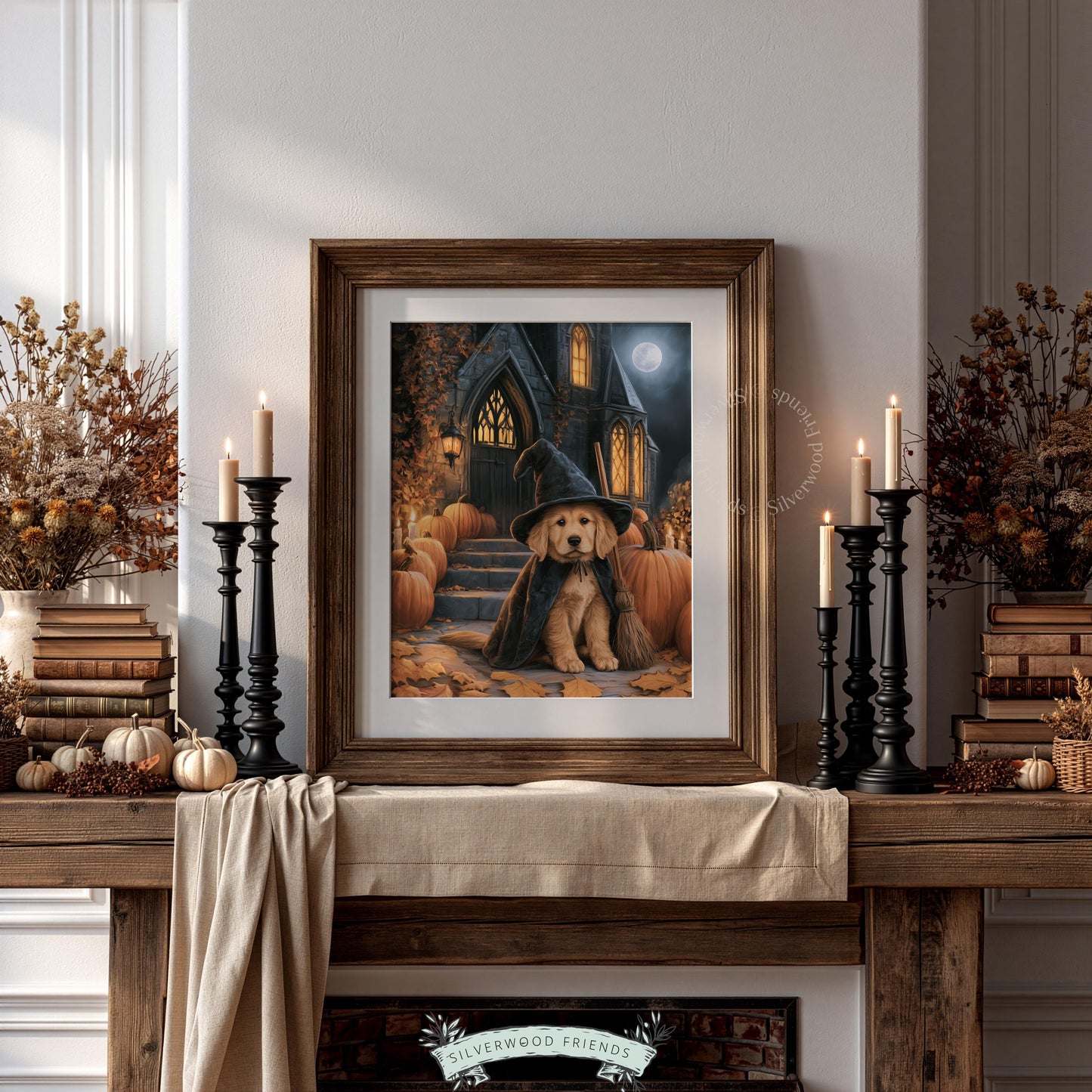 Spooky retriever puppy artwork poster — festive fall digital painting with moody navy and amber tones and lantern-lit scene