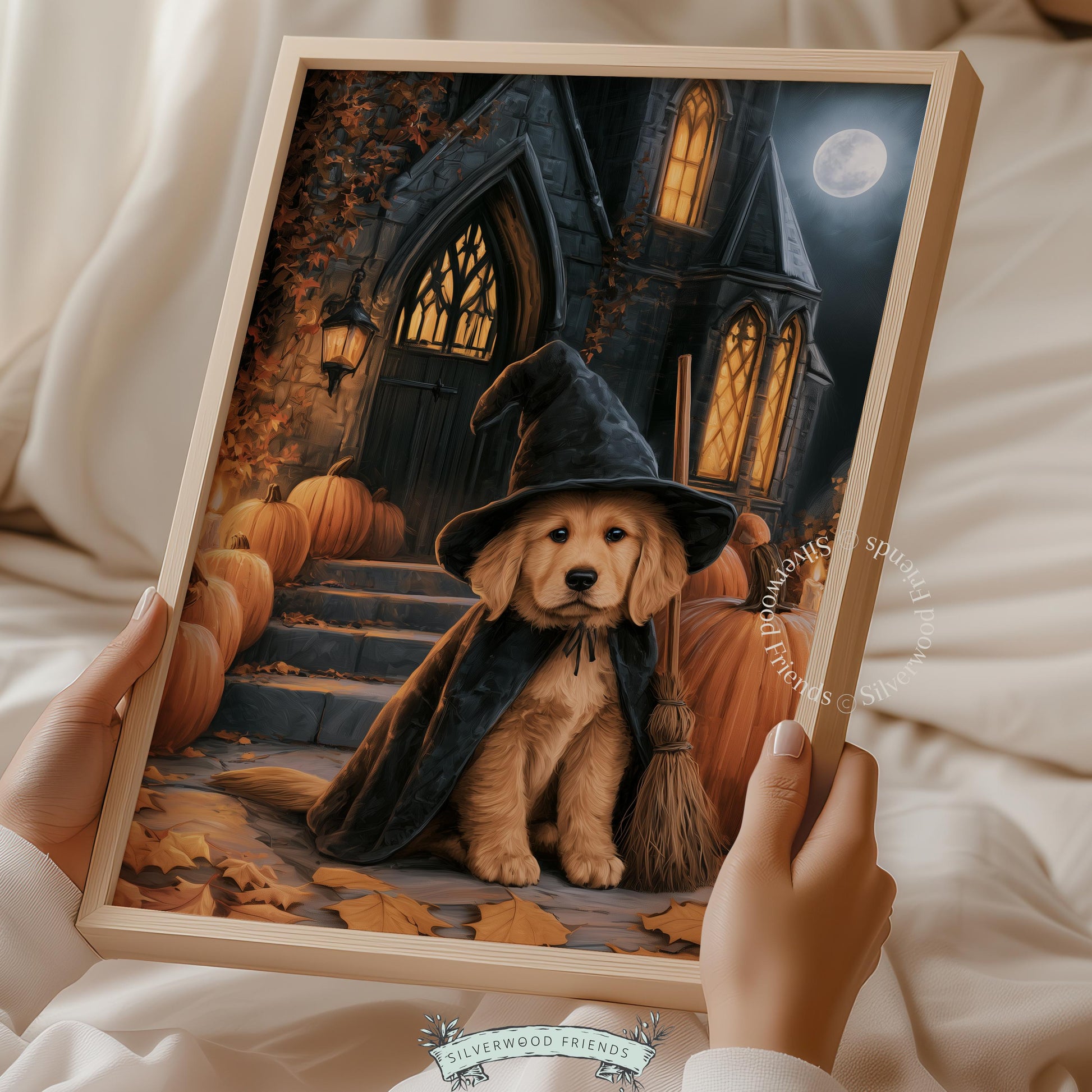 Spooky puppy portrait artwork poster for home — Halloween digital print of golden retriever in witch hat with warm candlelit atmospheric glow