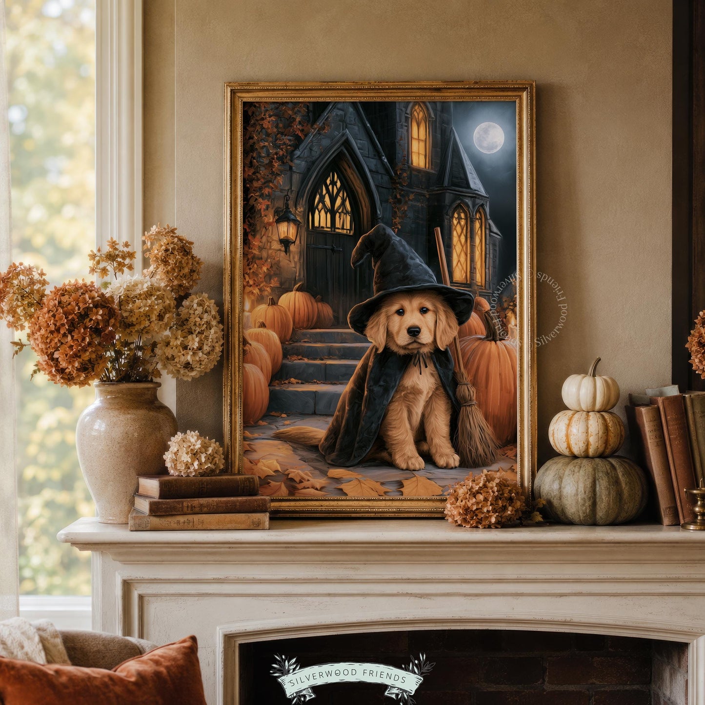 Friendly witch dog gallery wall print instant download — cozy Halloween artwork with golden retriever and warming candlelit glow