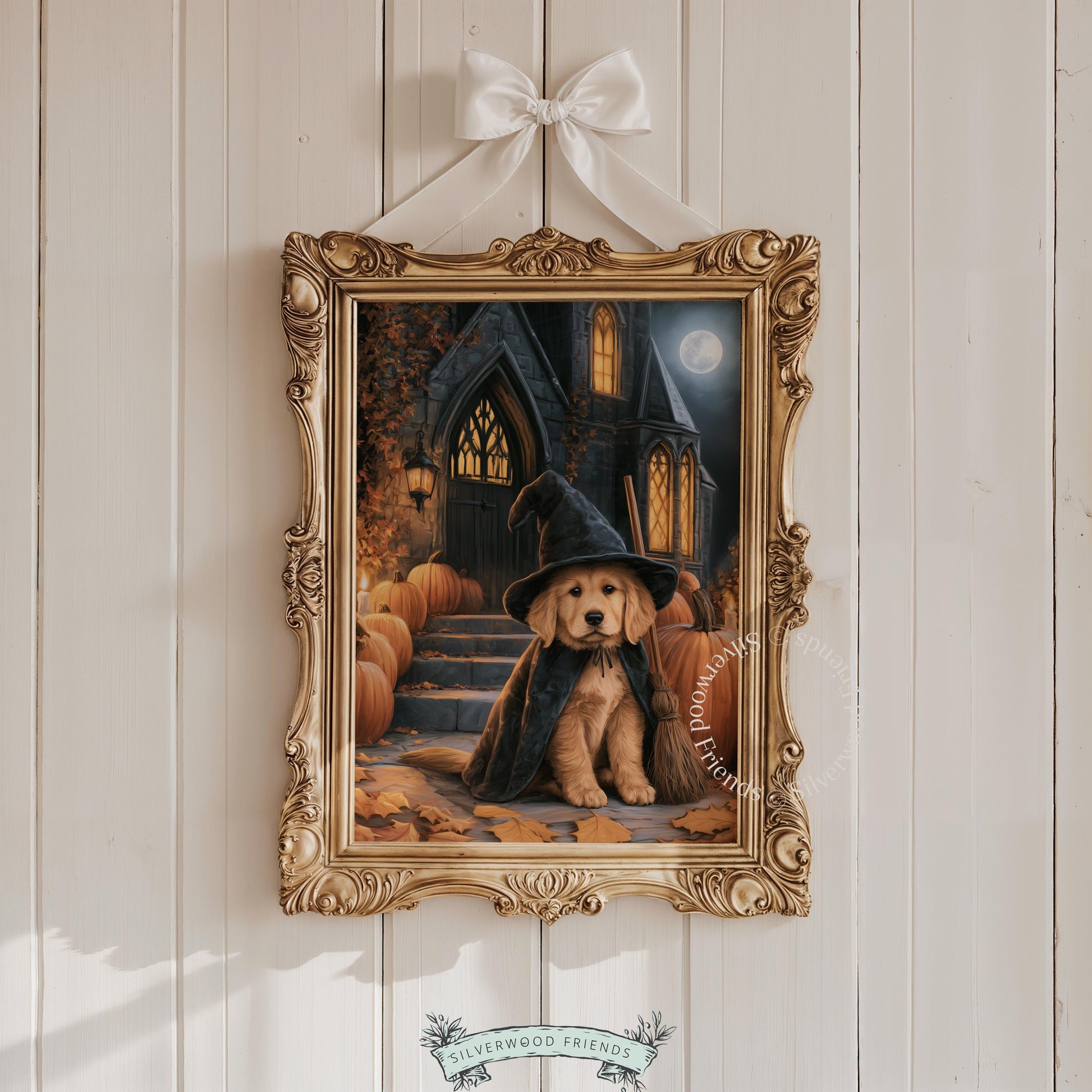 Halloween witch dog wall art instant download — festive autumn painting featuring pup in black cape and hat with pumpkins