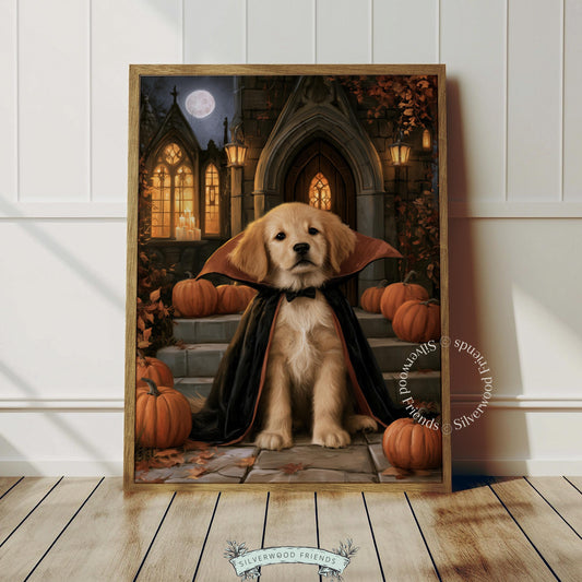 Friendly vampire pup painting instant download — moody fall wall art perfect for cozy seasonal decor