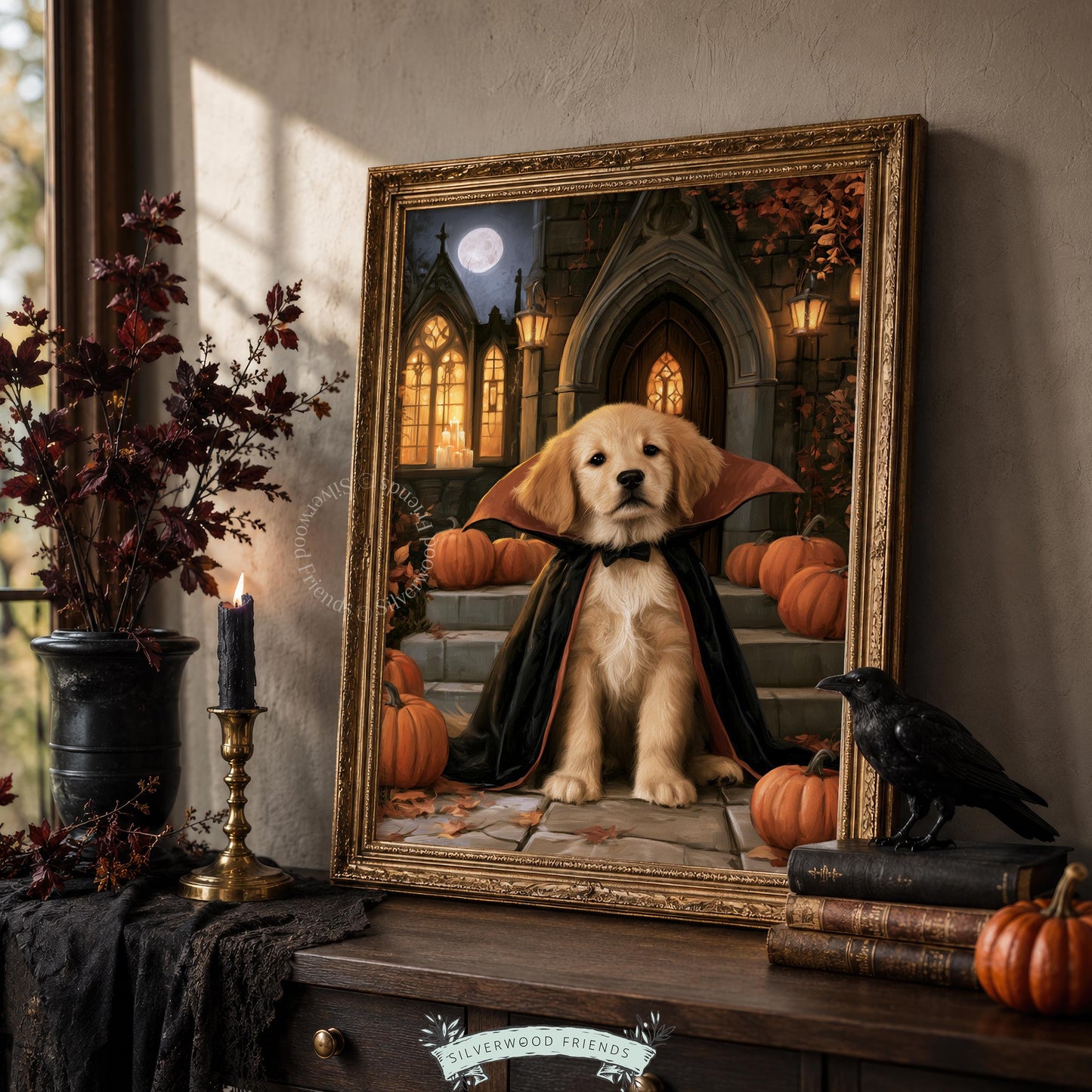 Cute dog dressed as vampire digital print for living room — moody dark academia wall art with pumpkins