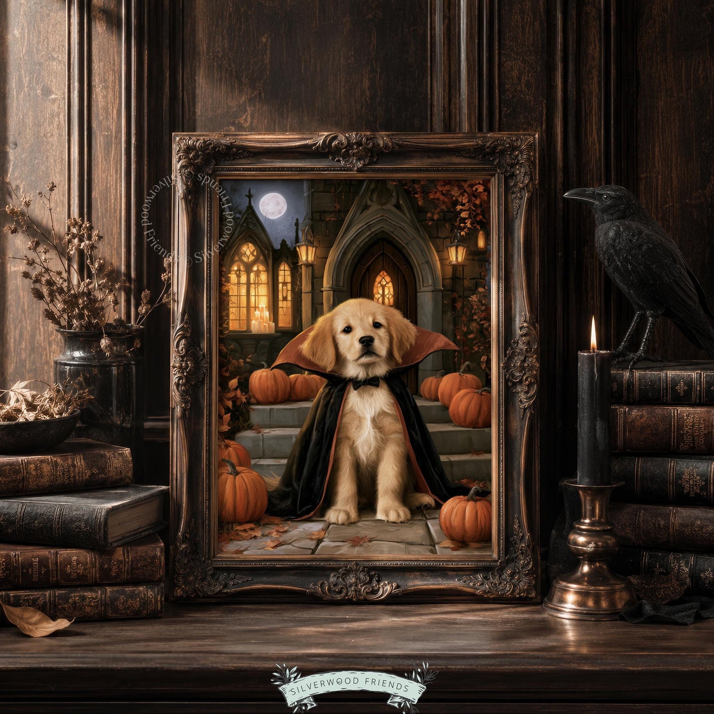 Halloween puppy dressed as dracula instant download picture — cozy gothic decor for home