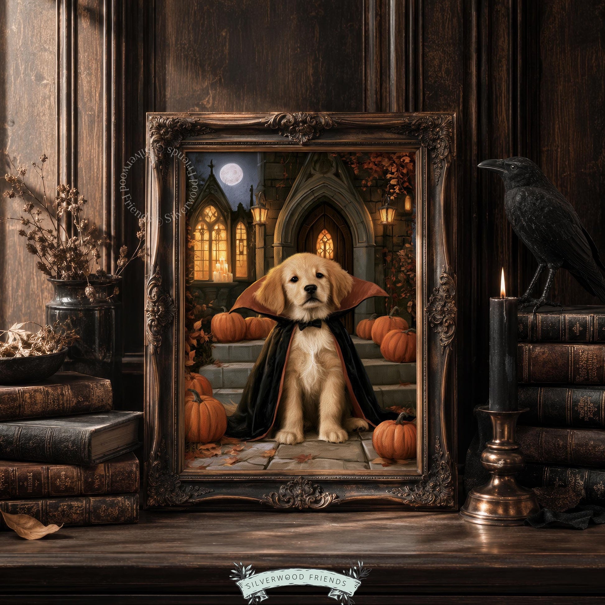 Halloween puppy dressed as dracula instant download picture — cozy gothic decor for home