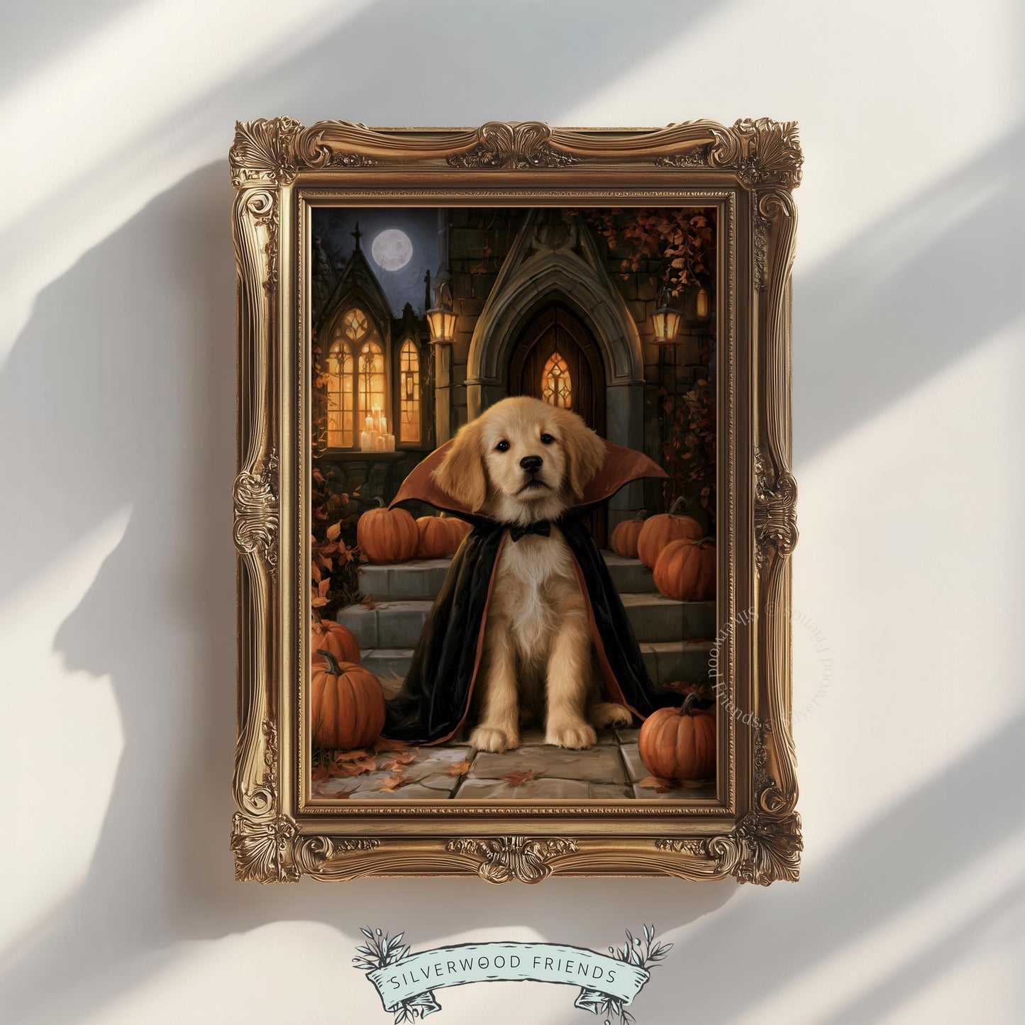 Spooky season puppy artwork with cape and bow tie — eerie atmospheric print for autumn lovers