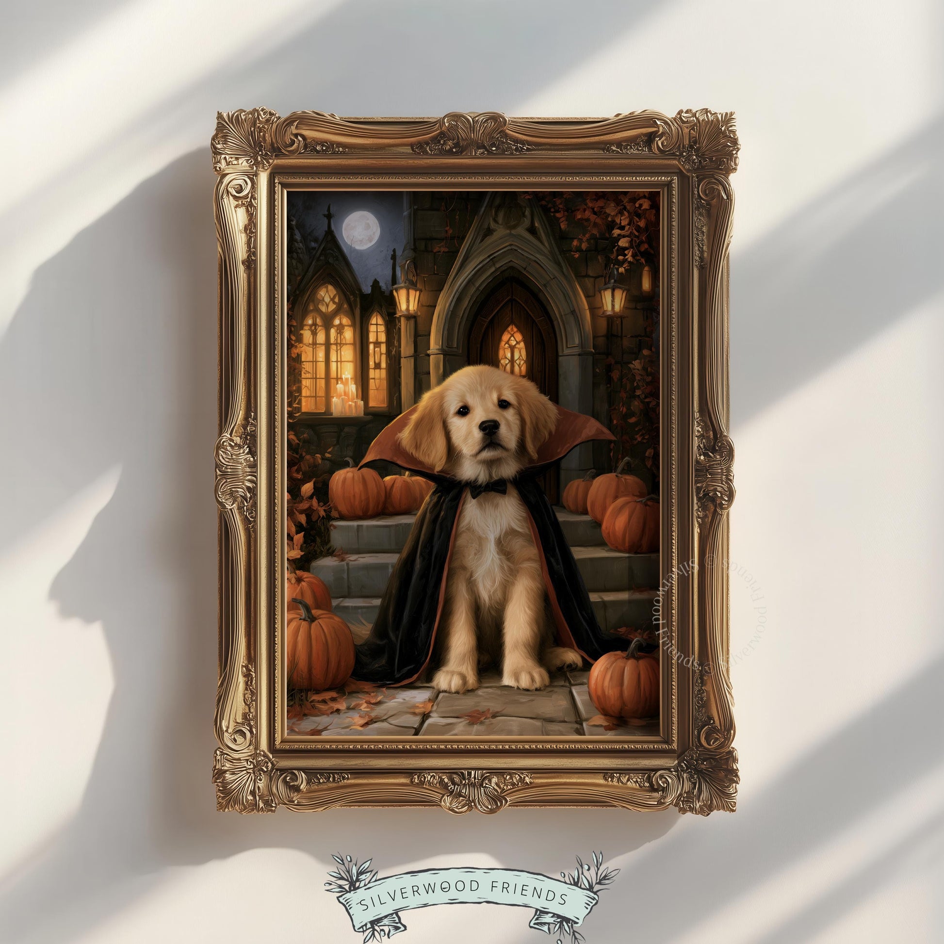 Spooky season puppy artwork with cape and bow tie — eerie atmospheric print for autumn lovers