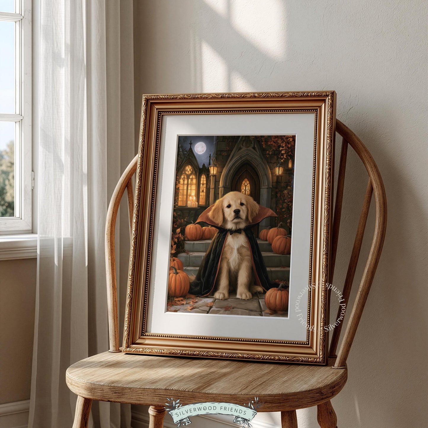 Cute puppy in black cape digital artwork for bedroom — rustic spooky aesthetic with warm amber tones