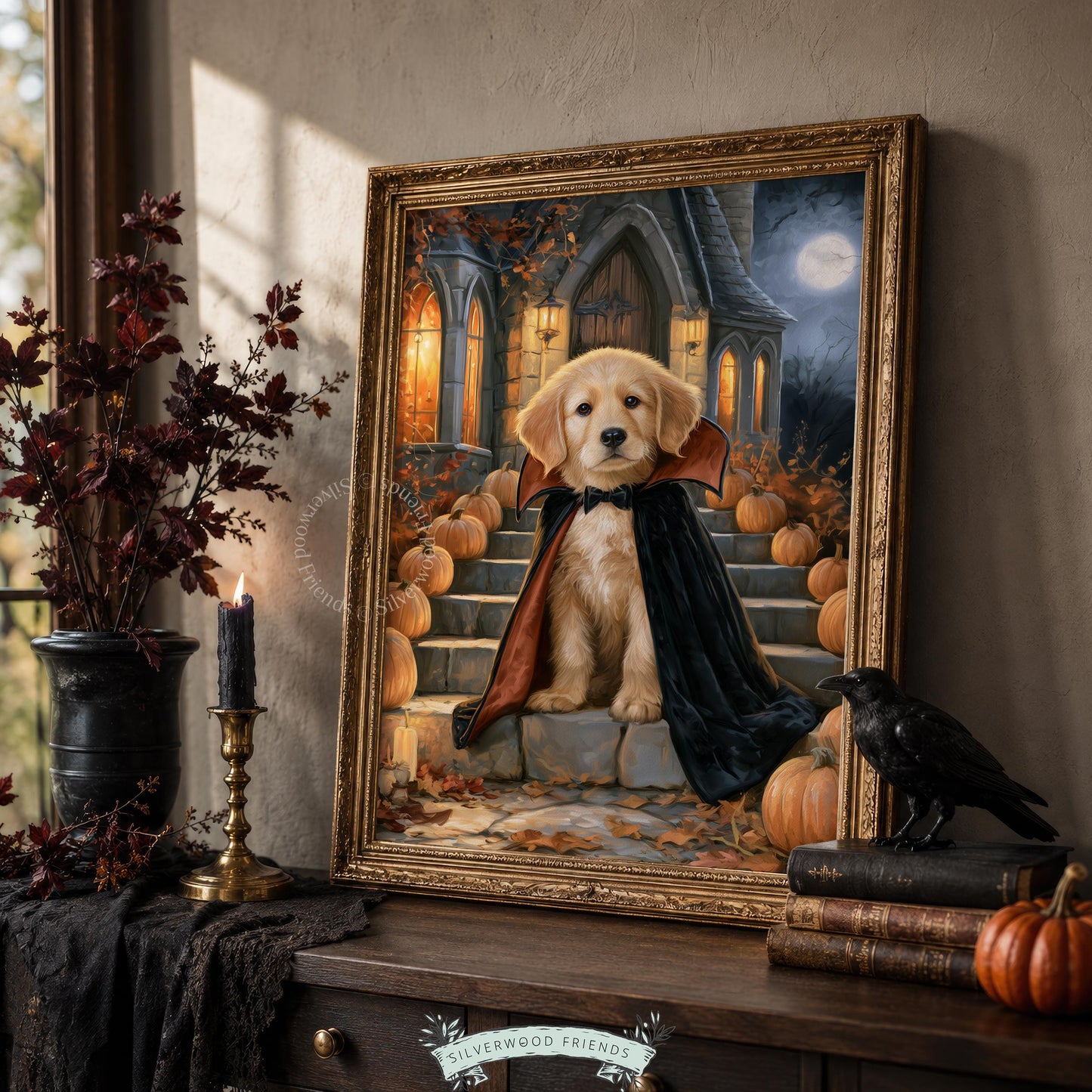 Spooky season picture for entryway — puppy vampire art with rich tones and atmospheric moonlit manor