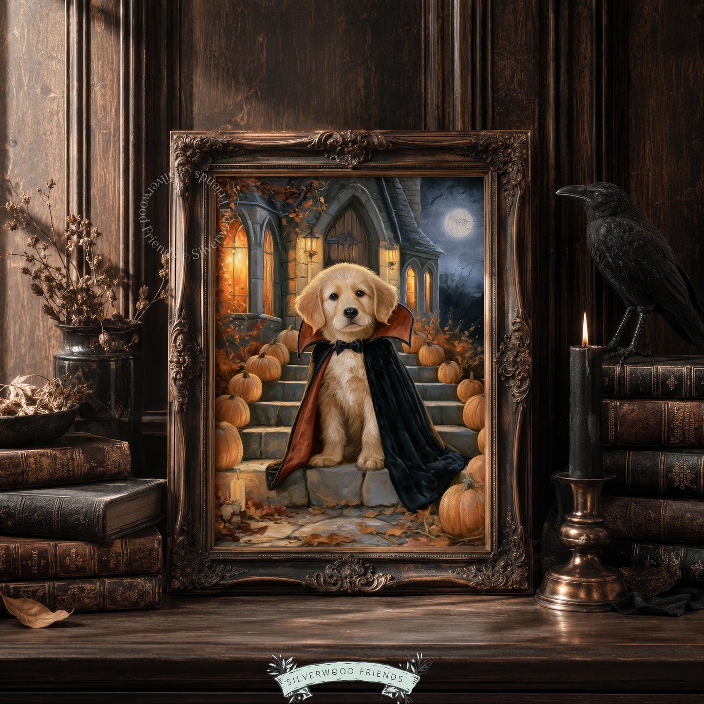 Halloween retriever painting for office — festive costume dog art with candlelit ambiance and dark tones