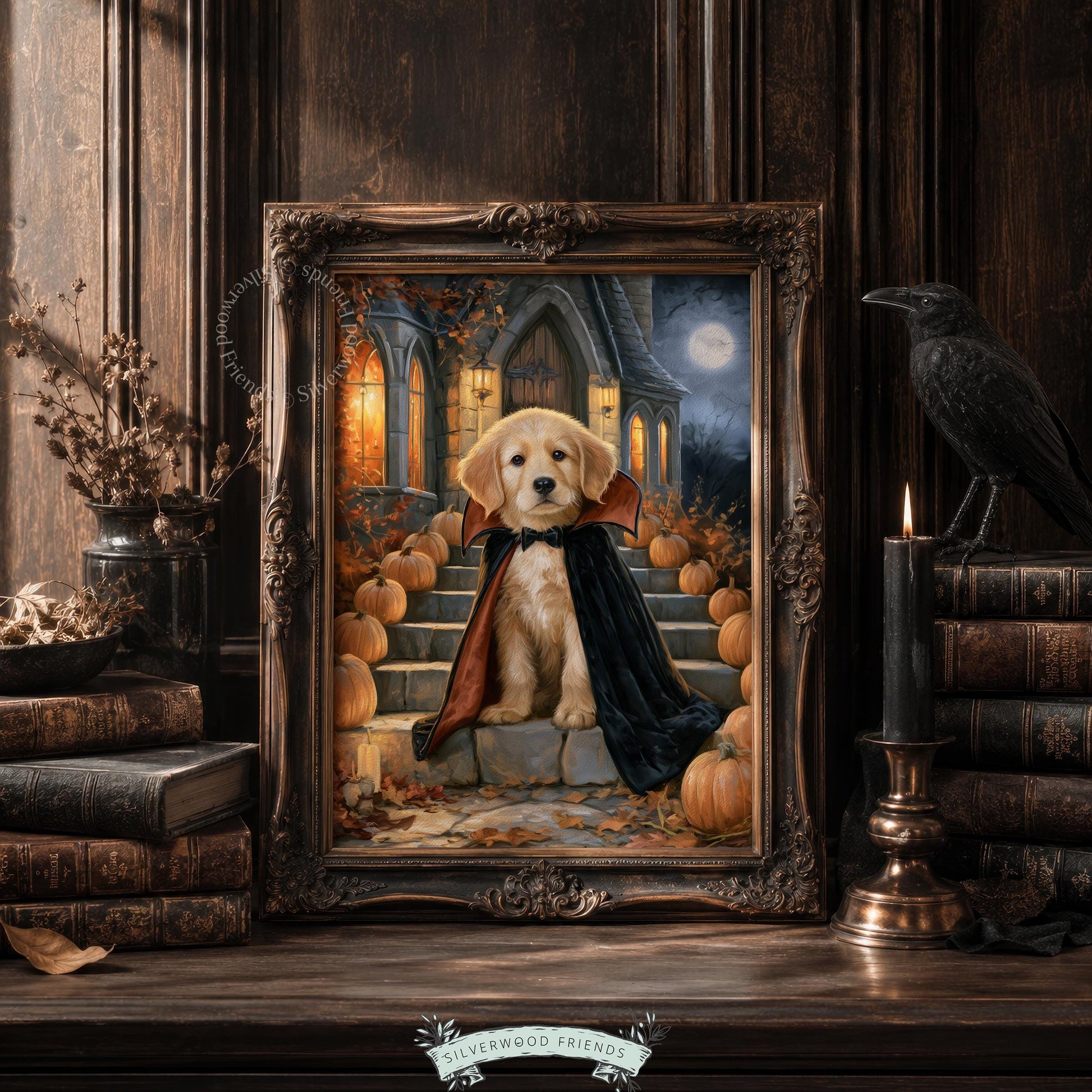 Halloween retriever painting for office — festive costume dog art with candlelit ambiance and dark tones