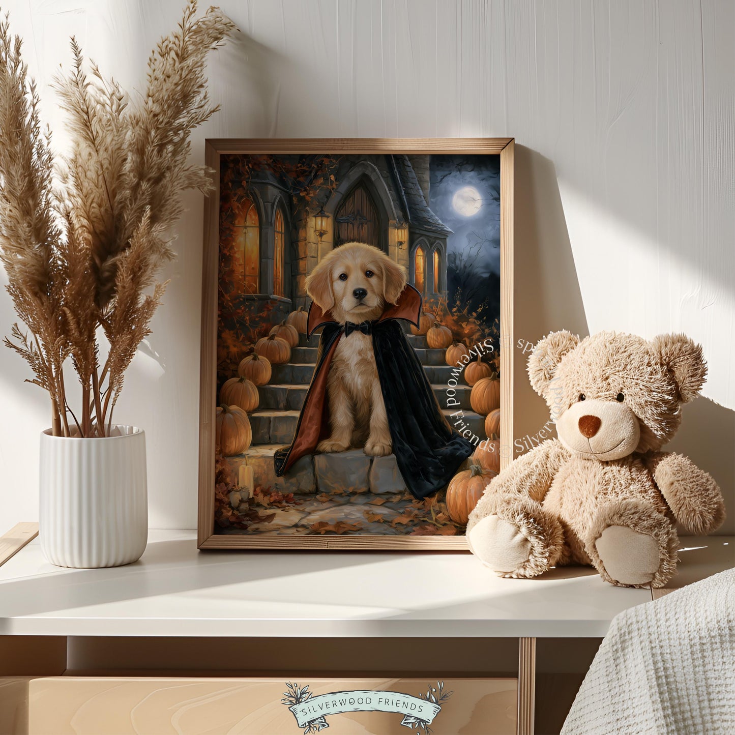 Spooky puppy portrait poster instant download — adorable golden retriever in cape with gothic atmosphere