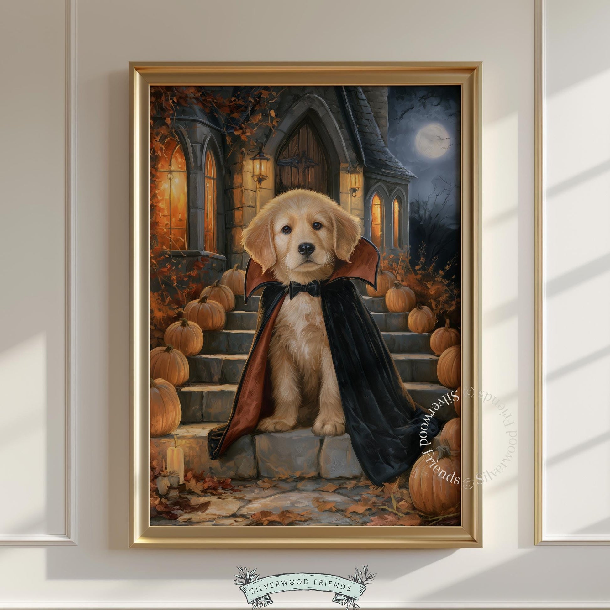 Witchy home wall art picture — cute puppy vampire with mysterious gothic setting and warm shadow tones