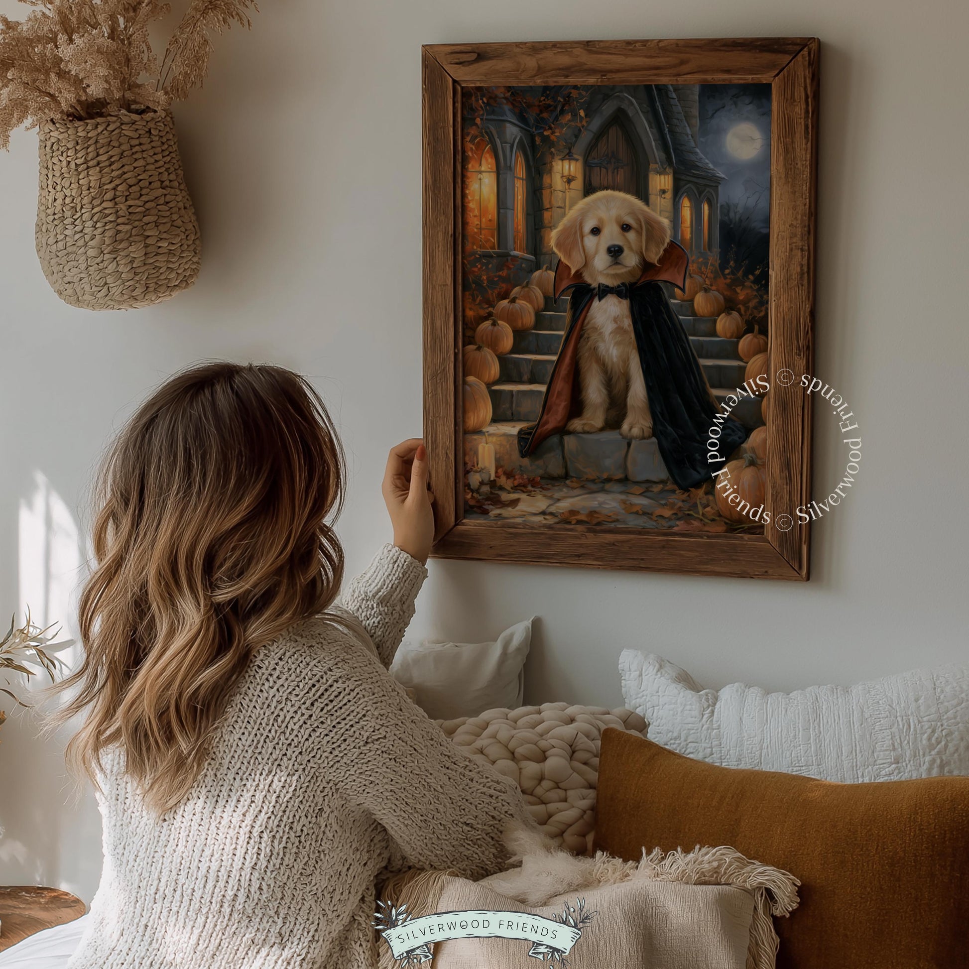 Vampire puppy digital print for living room — dark academia themed with warm amber shadows and gothic setting