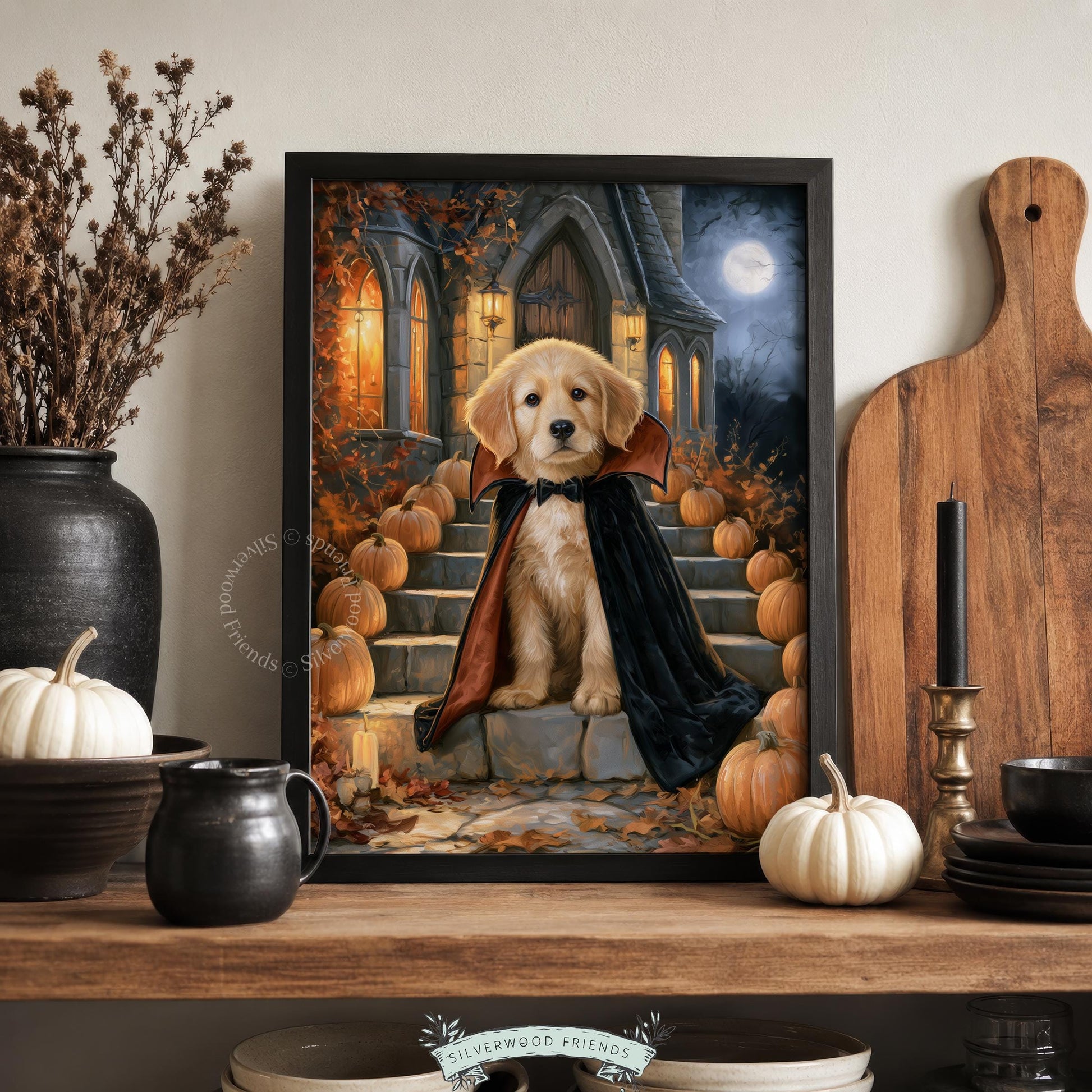 Fall hosting wall art print — dressed-up retriever vampire with pumpkins and autumn leaves, moody palette
