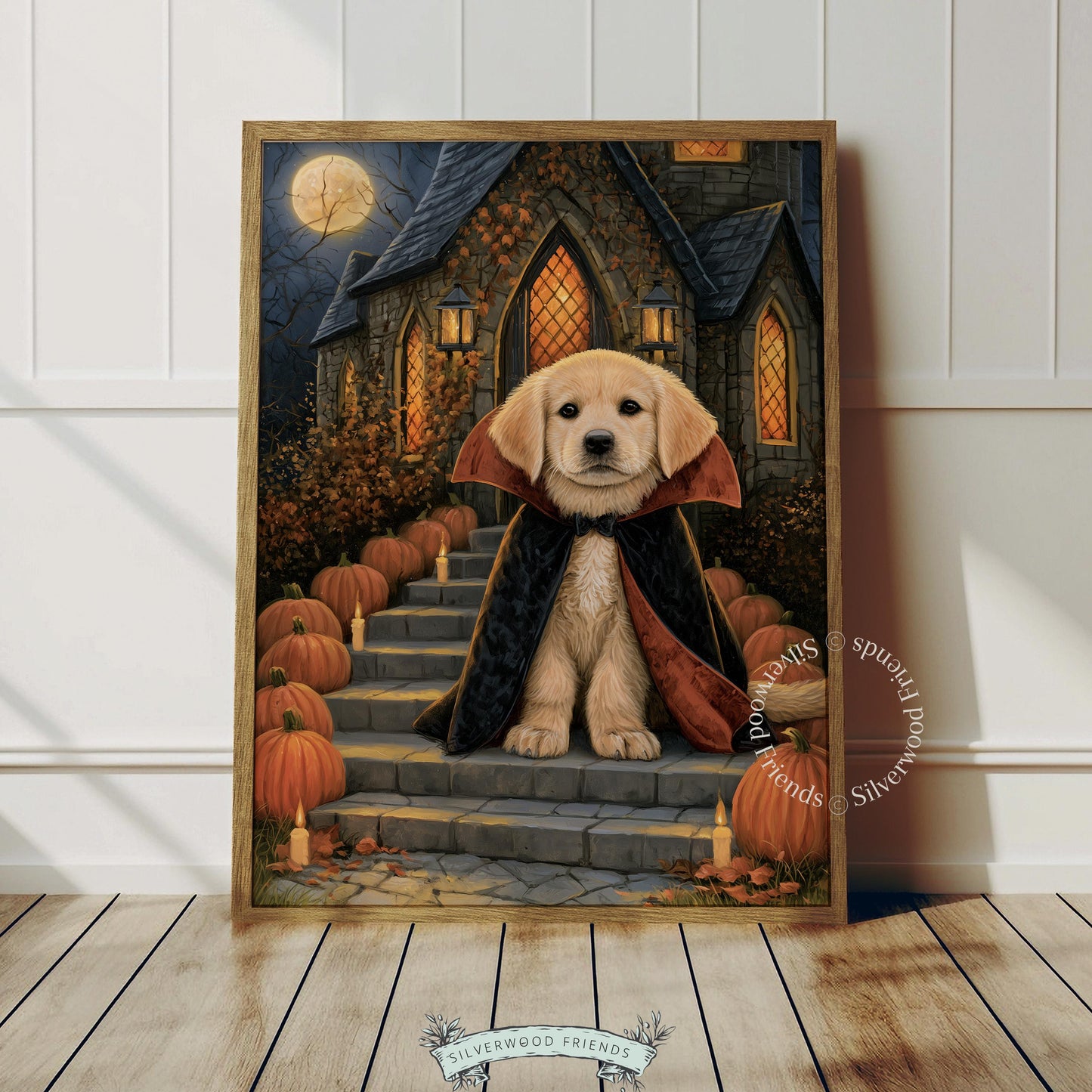 Puppy in cape digital art poster — textured painterly halloween estate landscape