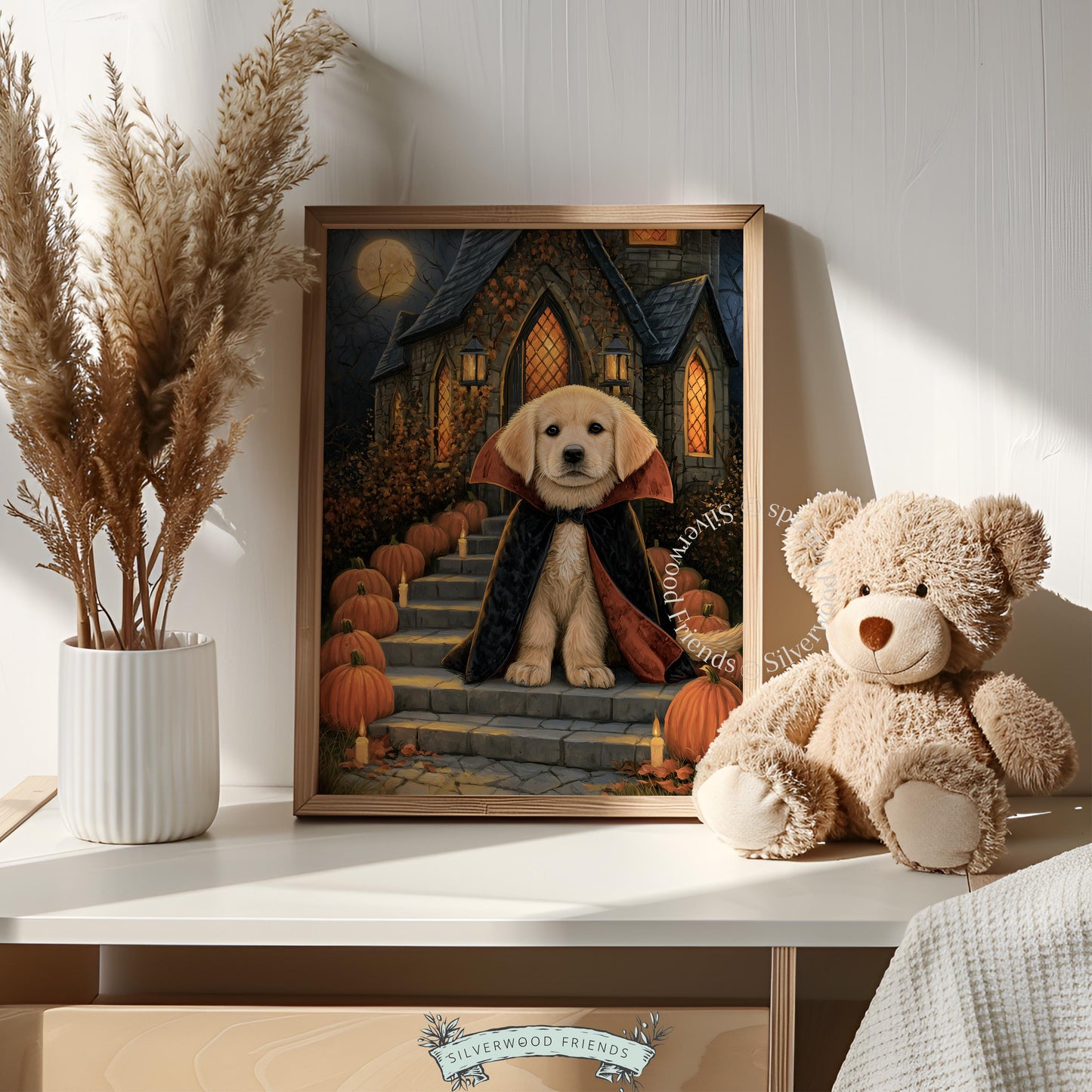 Halloween puppy portrait poster featuring glowing pumpkins and moonlit stone castle