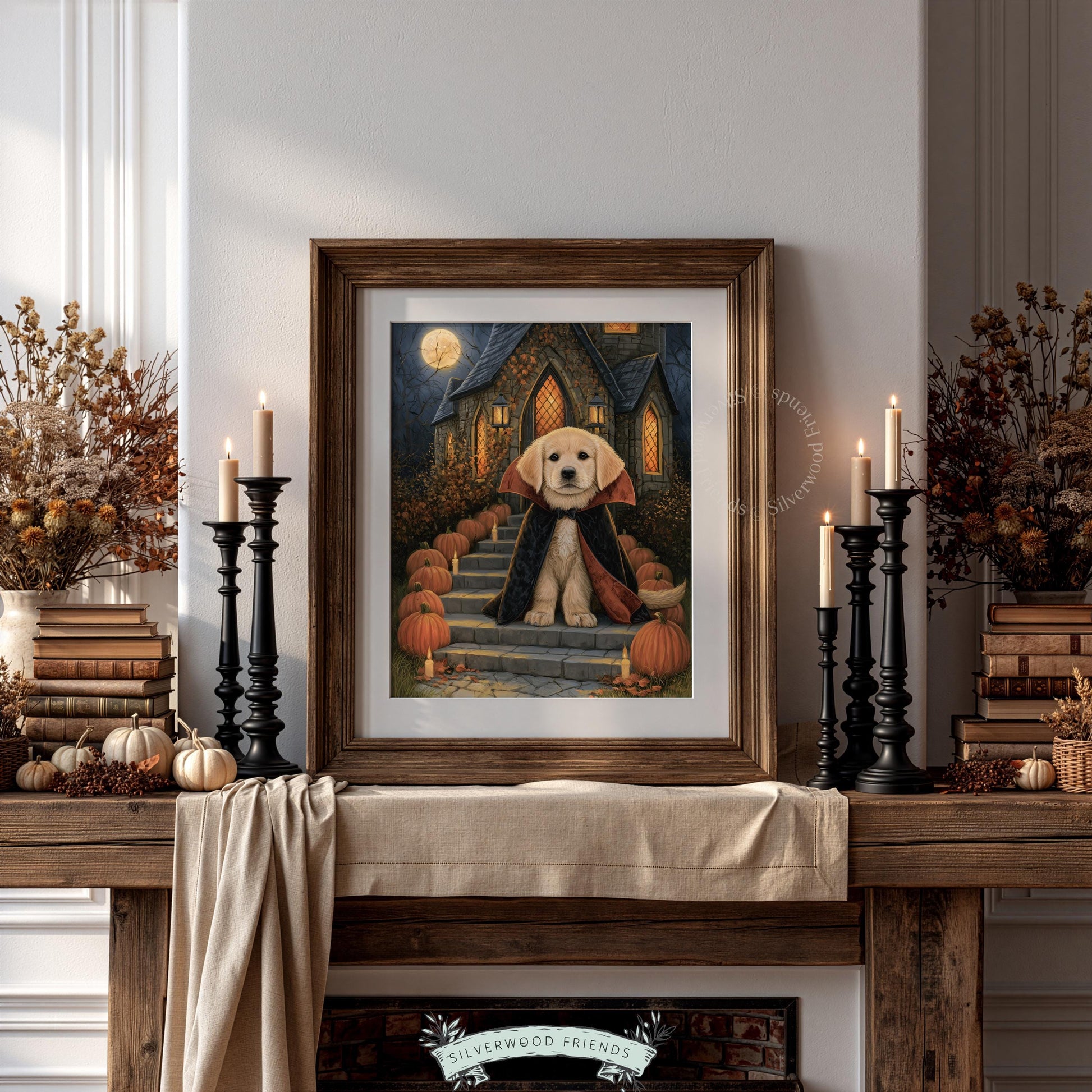 Pup wearing dracula costume artwork for entryway — atmospheric candlelit steps aesthetic