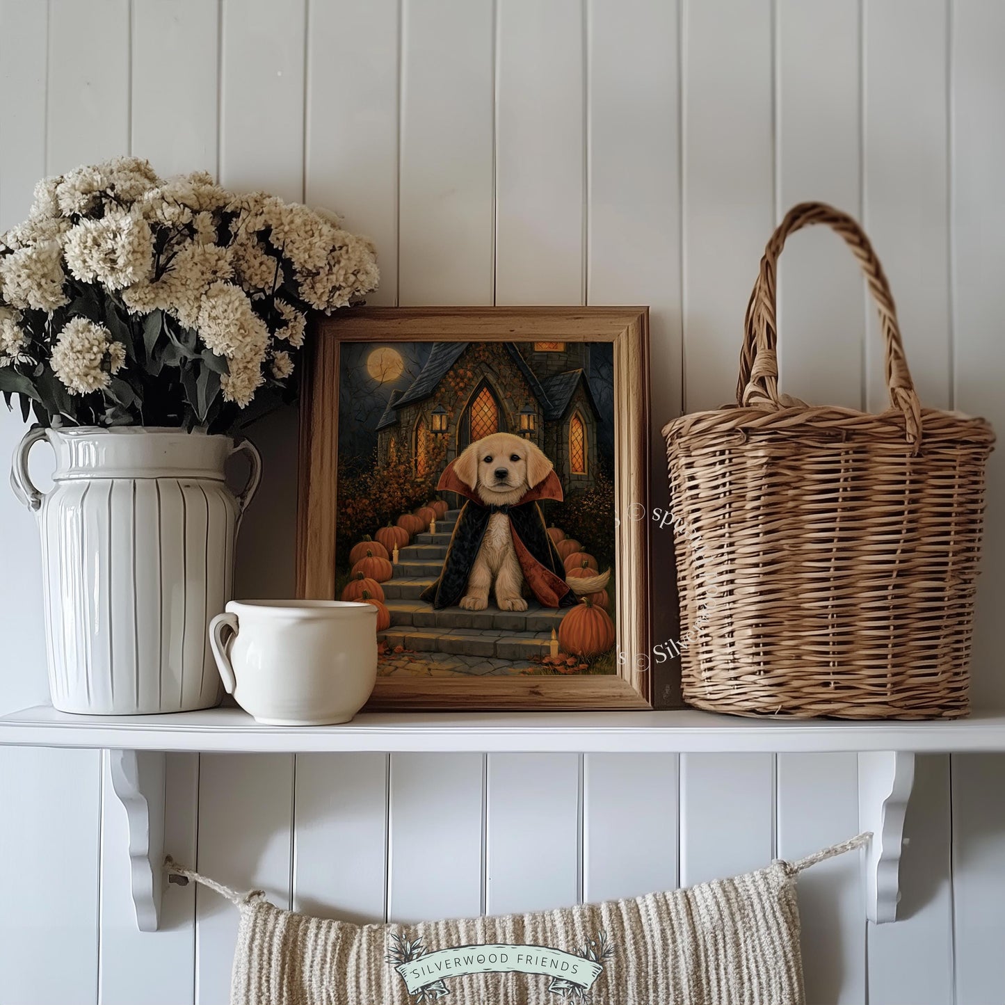 Halloween canine portrait print — fluffy pup in costume against haunted architecture