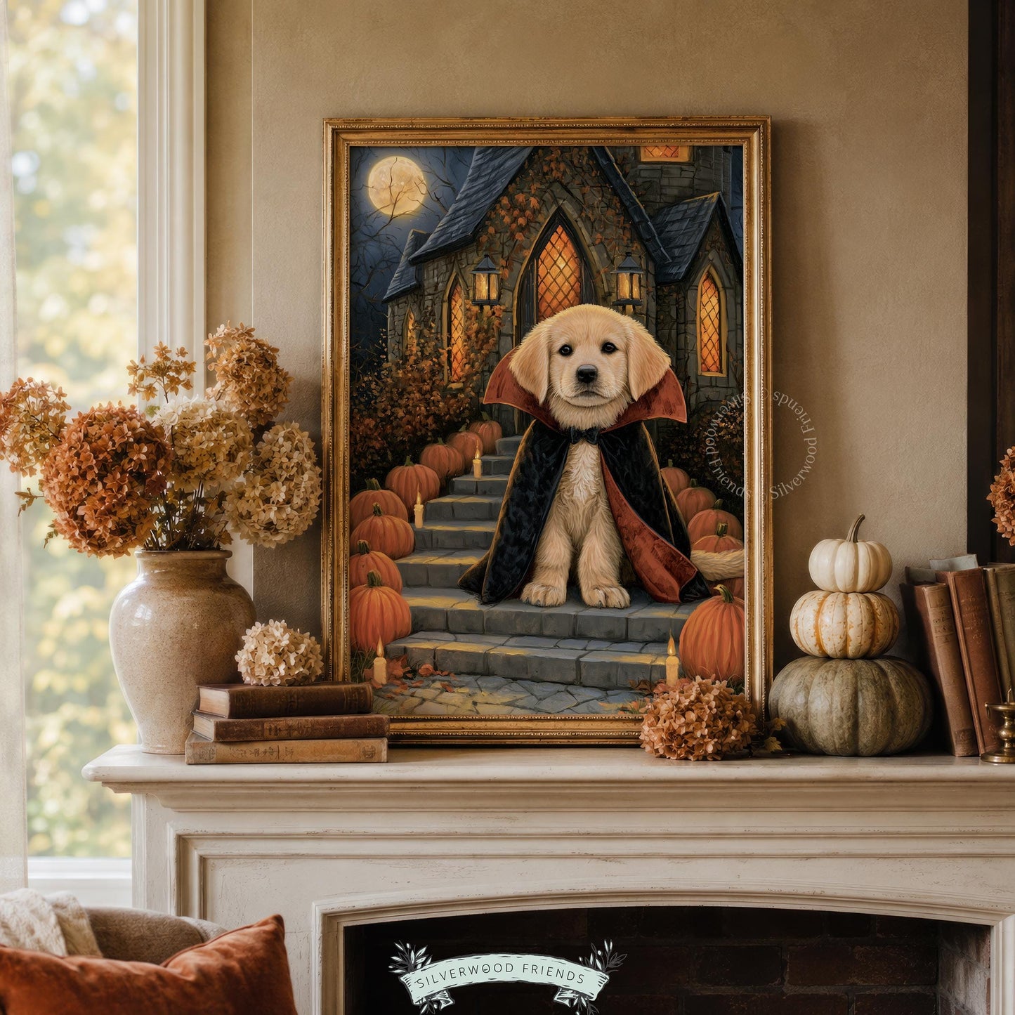 Charming retriever in costume artwork printable — warm amber gothic atmosphere illustration