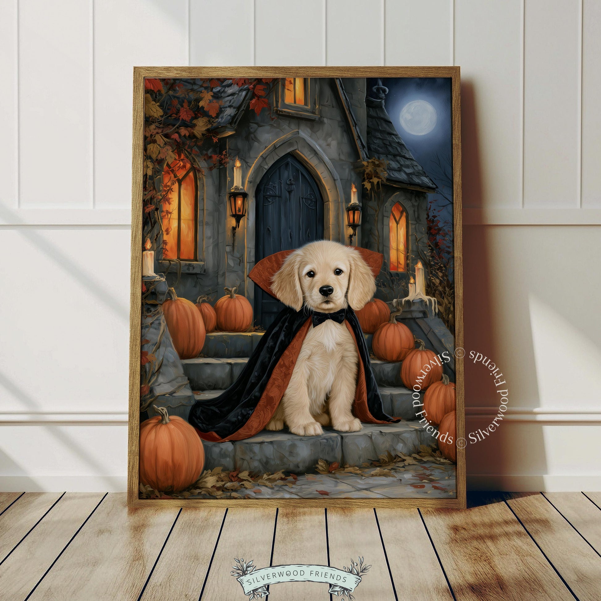 Halloween dog painting printable wall decor — retriever in costume surrounded by carved pumpkins and autumn leaves