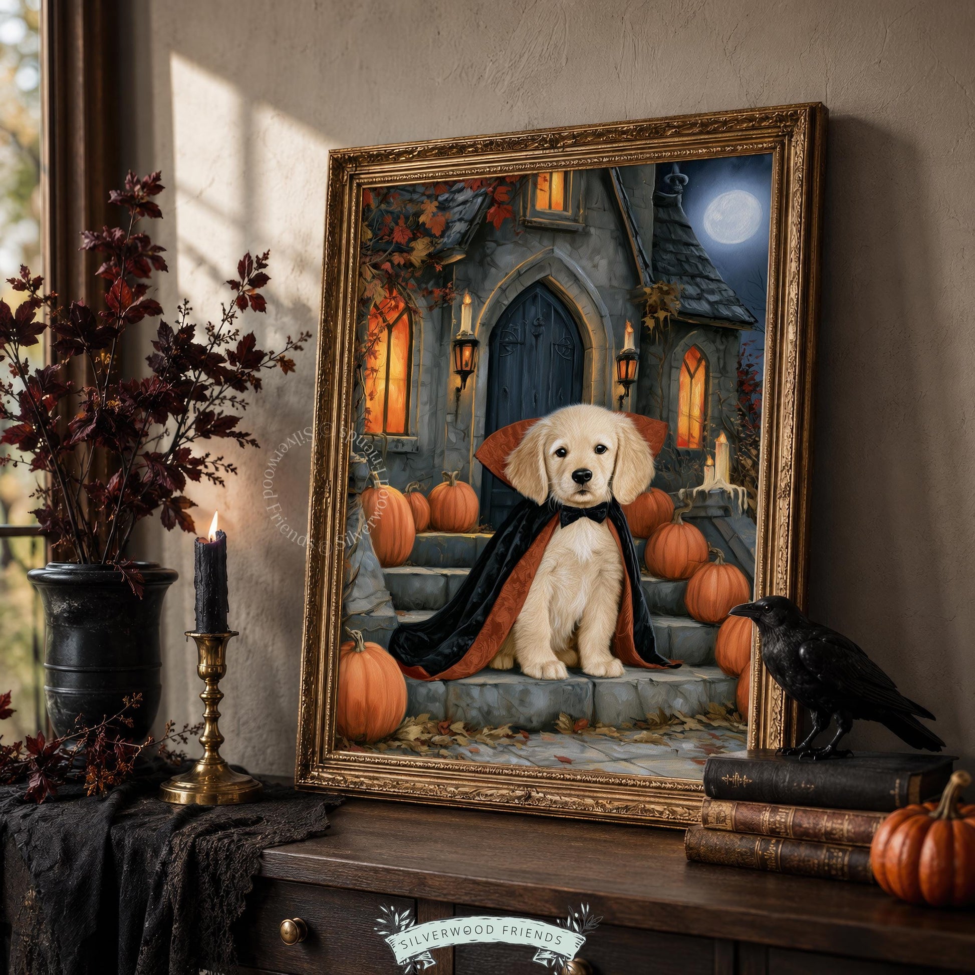 Witchy home art digital print for bedroom — golden pup in vampire cape with stone manor and festive fall setting