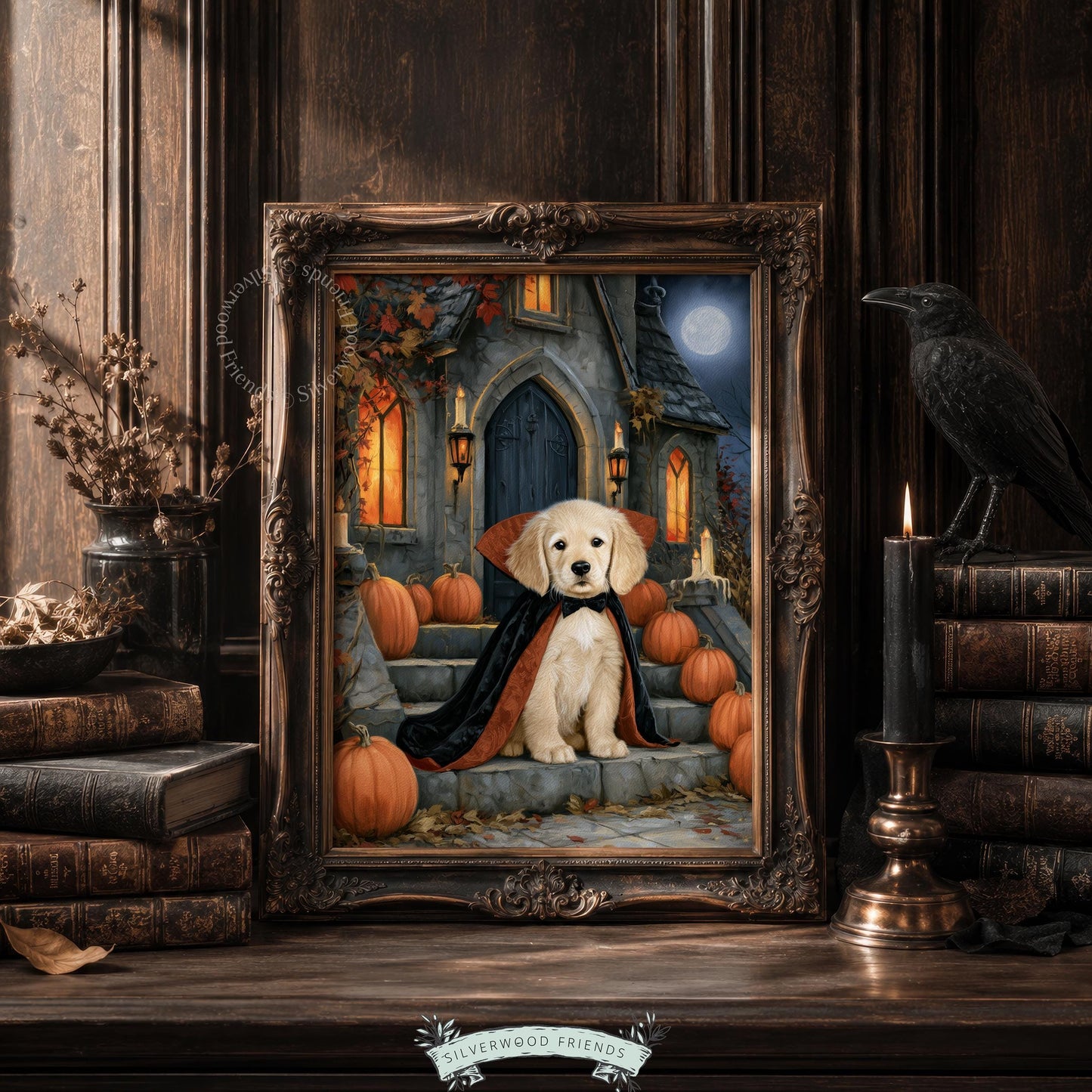 Autumn retriever artwork instant download — puppy in costume on steps with pumpkins, candles, and dark sky backdrop