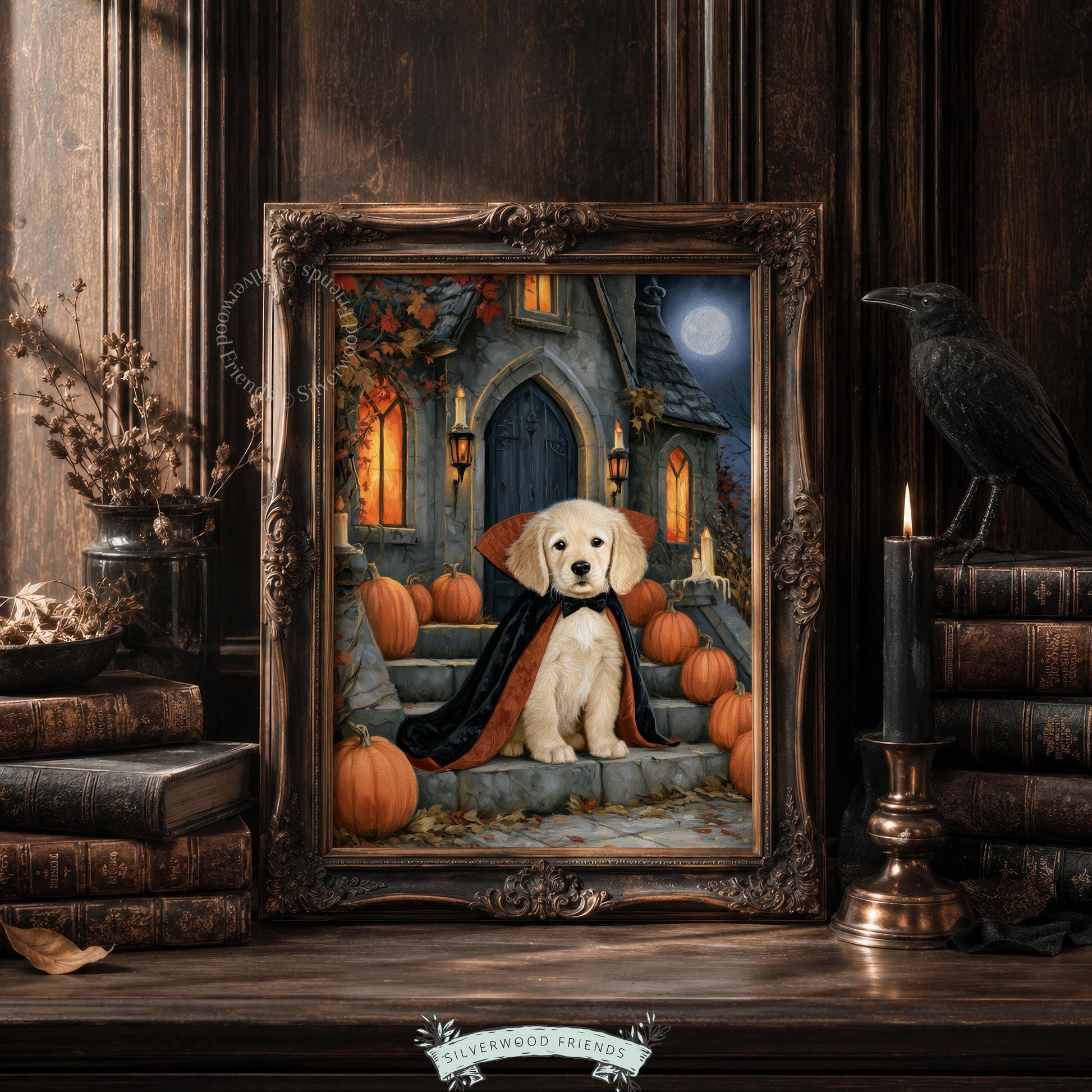 Autumn retriever artwork instant download — puppy in costume on steps with pumpkins, candles, and dark sky backdrop