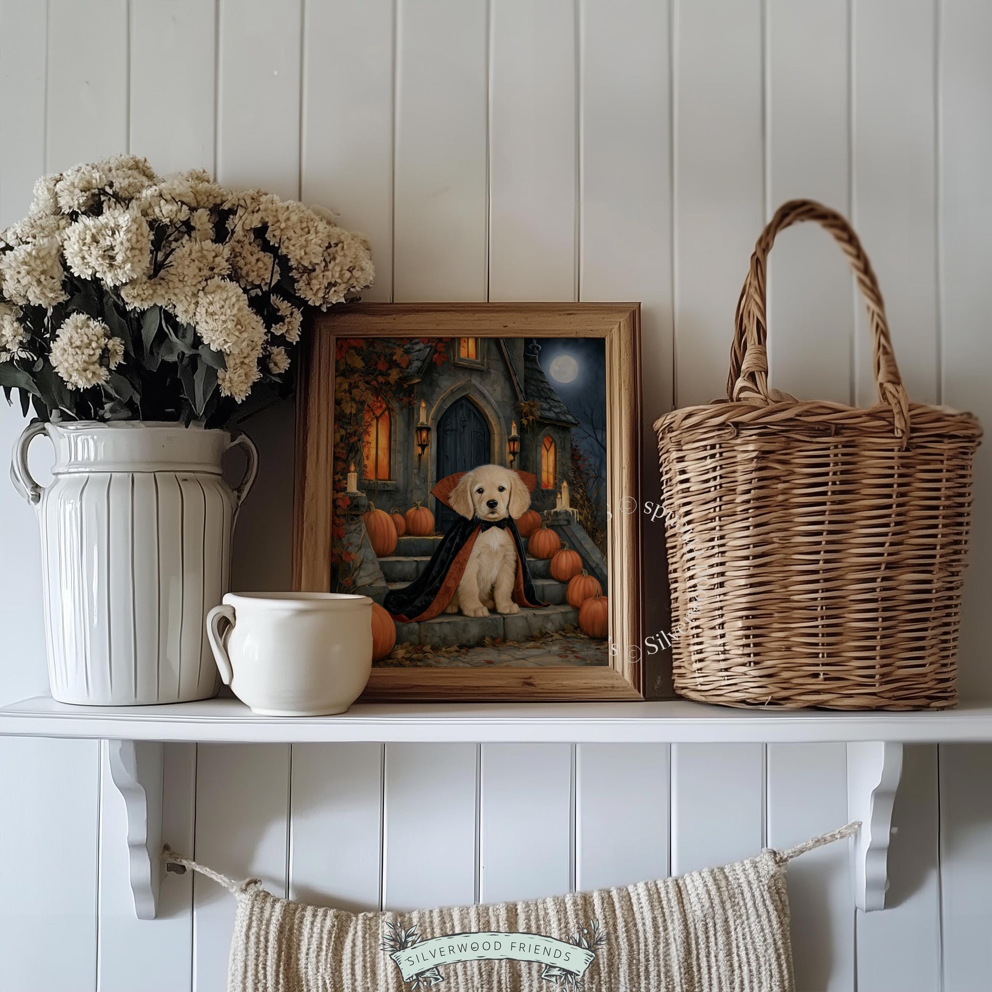 Dark academia wall art print for bedroom — adorable costumed retriever with gothic setting and fall seasonal decor