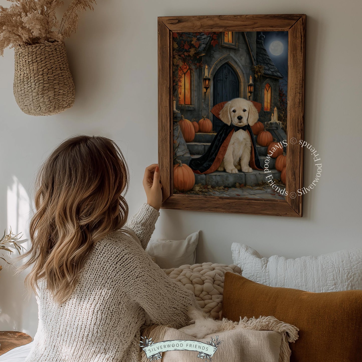 Cozy season puppy artwork for entryway — retriever in costume with jack-o-lanterns, autumn foliage, and twilight mood