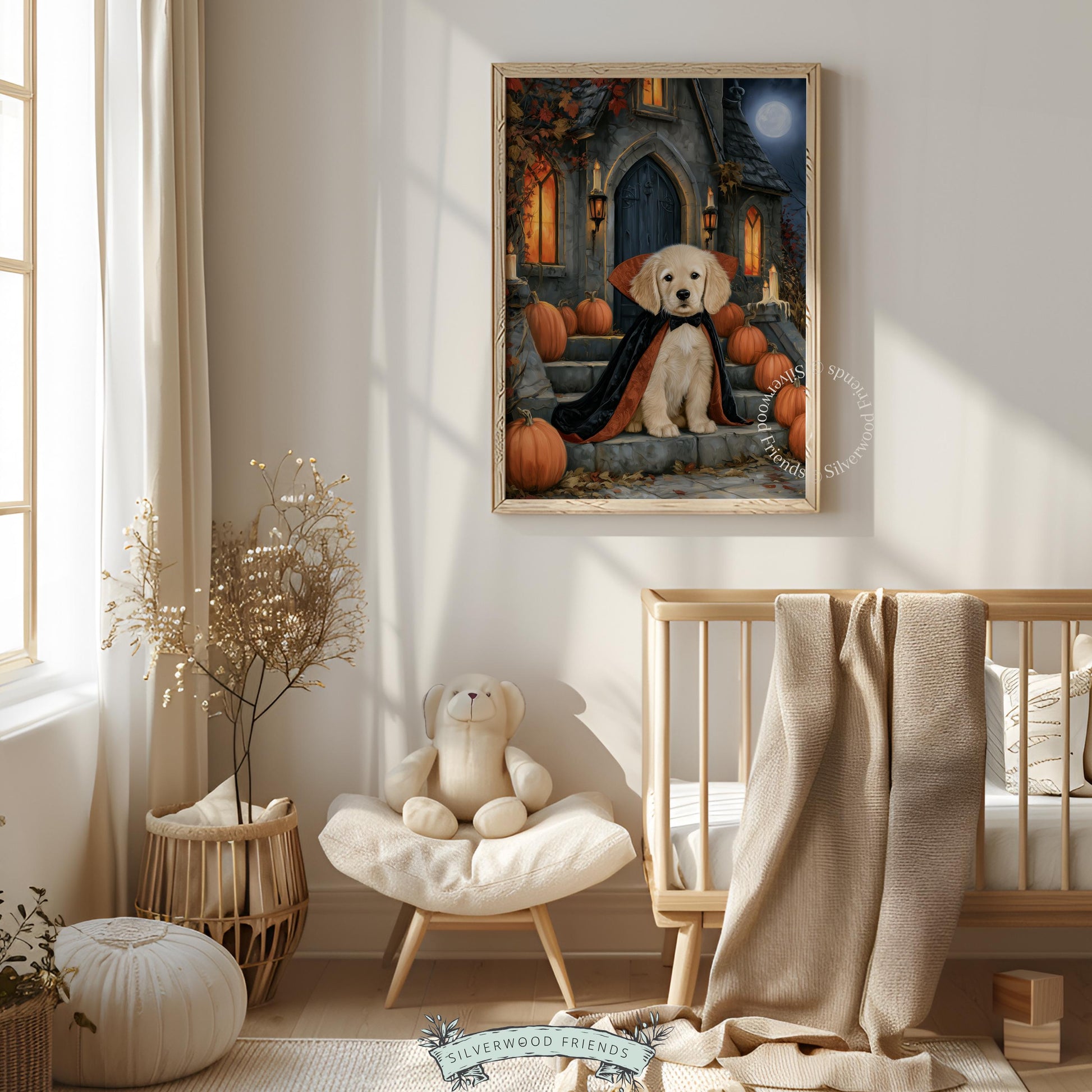 Festive fall retriever picture printable decor — adorable puppy vampire with haunted house, carved pumpkins, and moody evening atmosphere