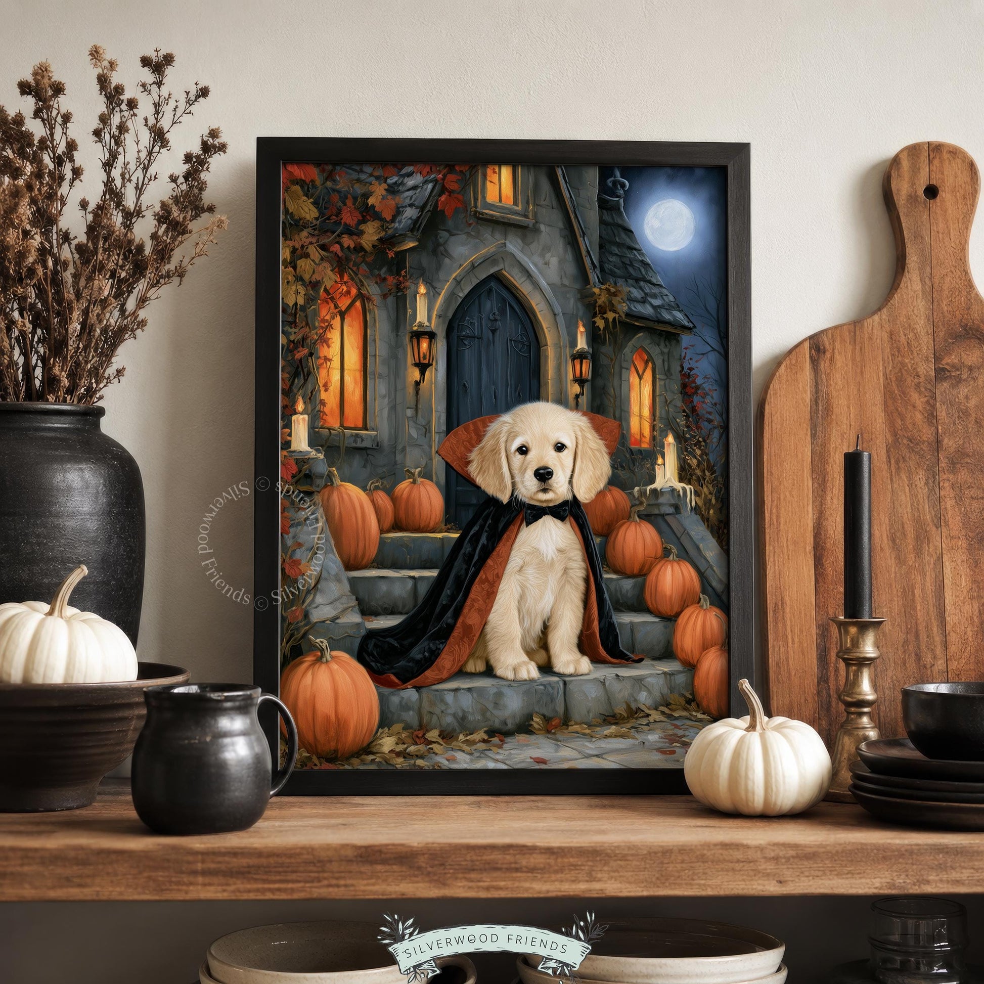 Festive puppy digital print for living room — spooky cute scene with caped retriever, jack-o-lanterns, and moody twilight