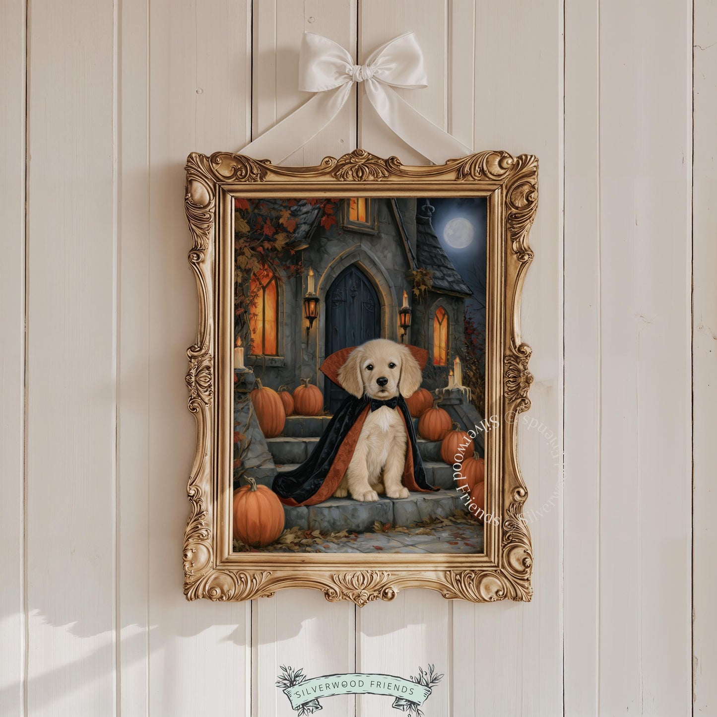 Spooky dog wall art digital print for kitchen — golden pup in cape on gothic steps with seasonal pumpkins and candlelit glow