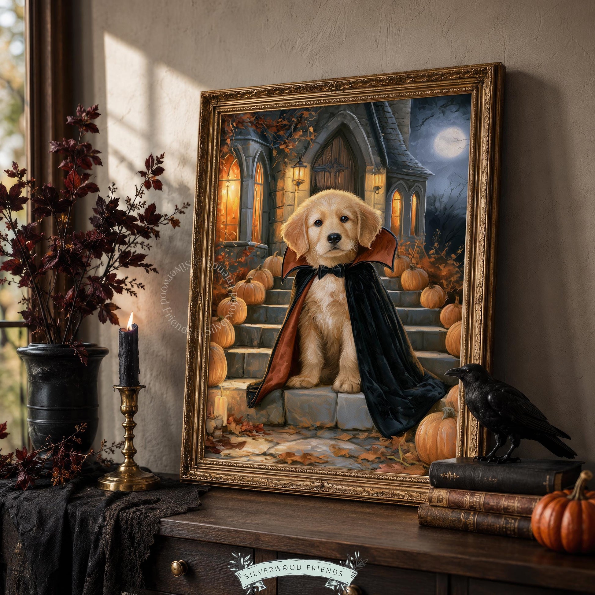 Golden retriever Dracula wall decor for kitchen — detailed Halloween portrait, cozy haunted mansion vibes