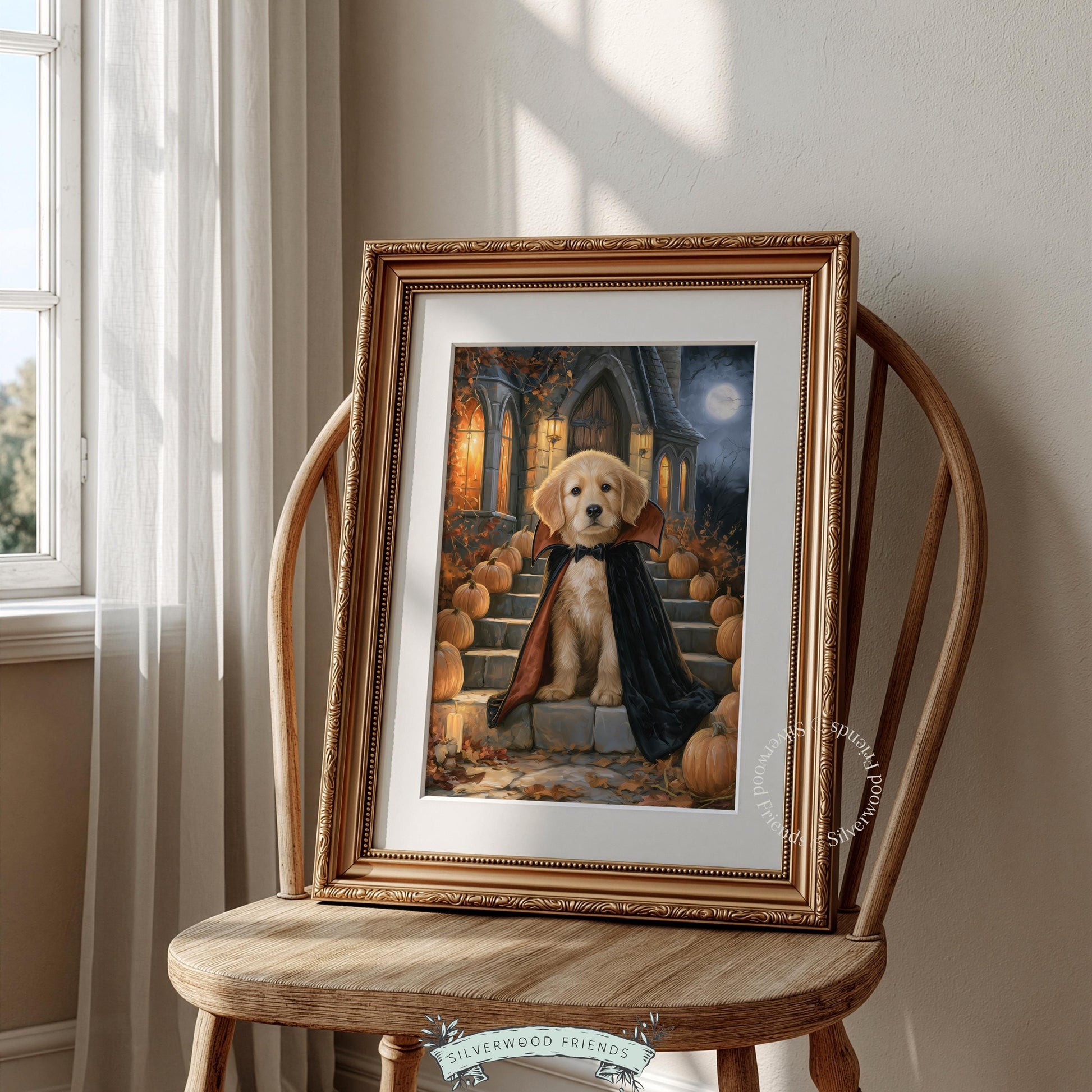 Dog in vampire costume digital print for entryway — warm amber tones, stone steps, glowing lanterns