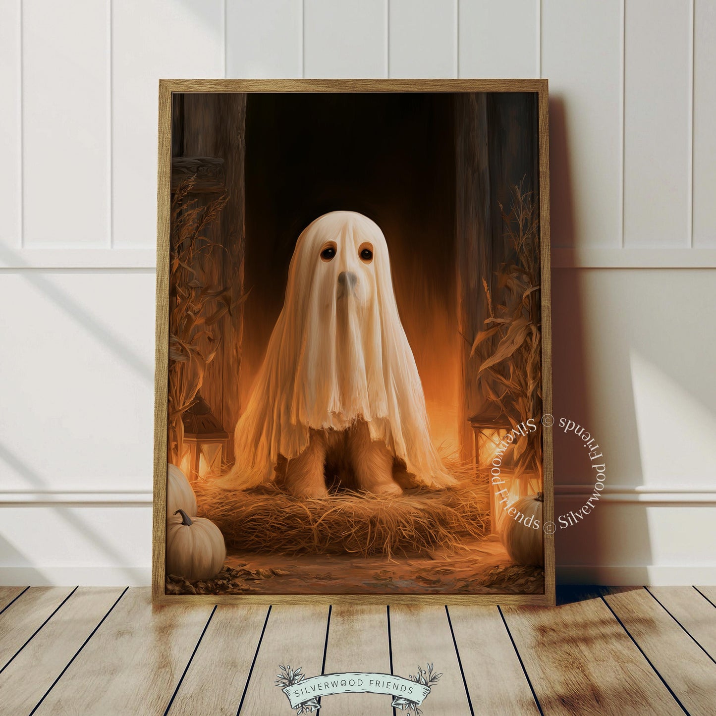Farmyard ghost dog picture for den — warm harvest mood with lantern-lit vintage styling