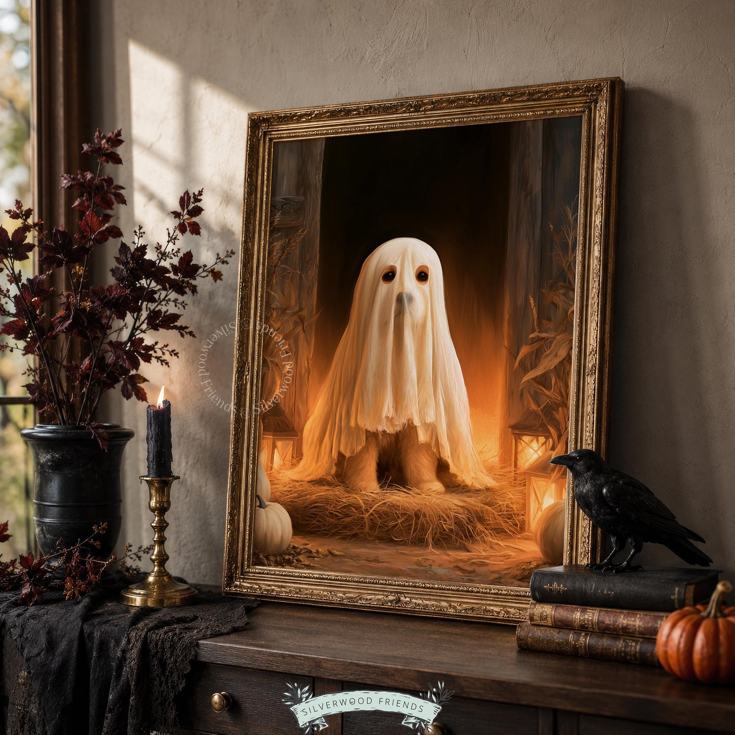 Spooky canine poster for Halloween display — cottagecore autumn vibes with candlelit warmth