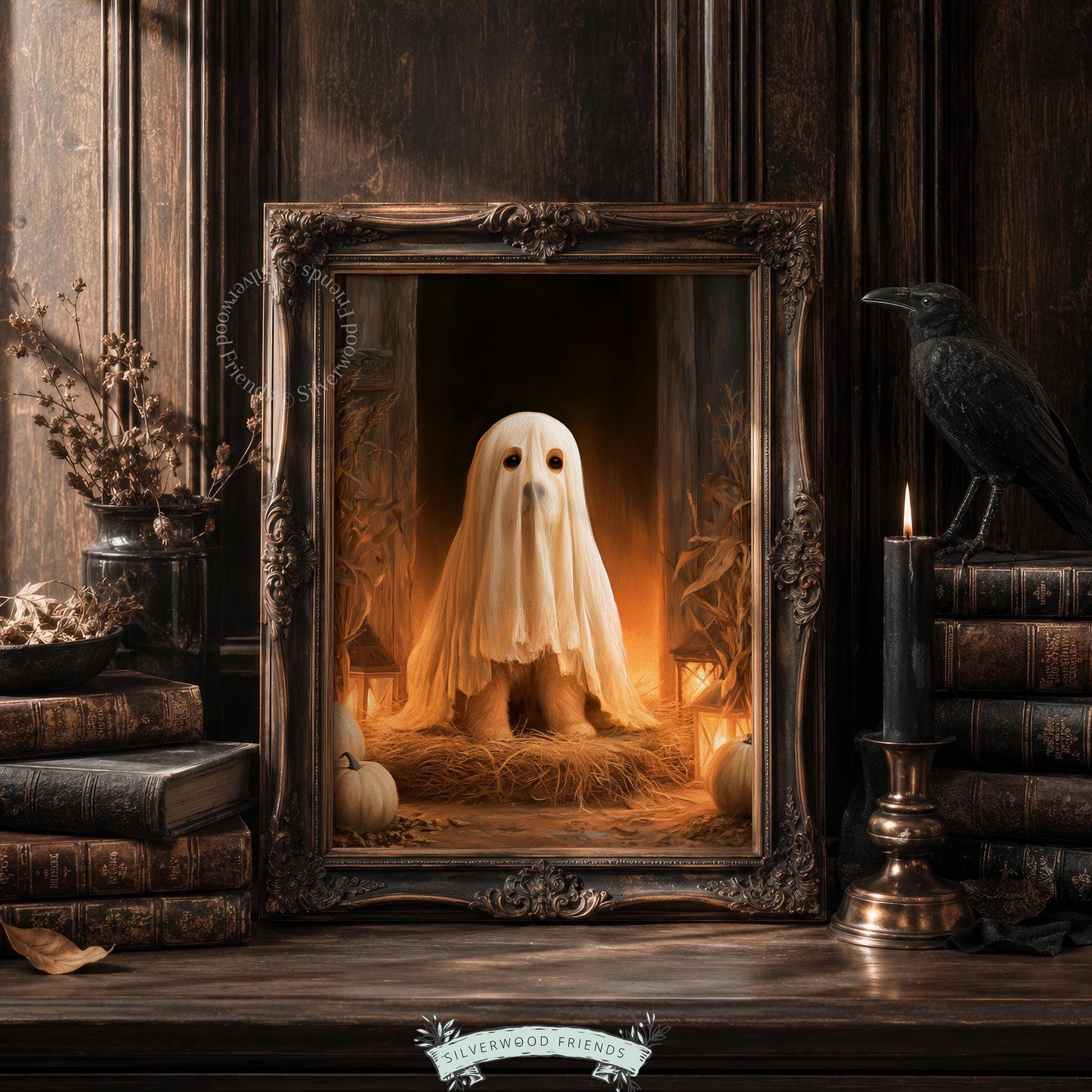 Pup in white costume wall art for fall — moody October painting with lantern-warmed harvest charm