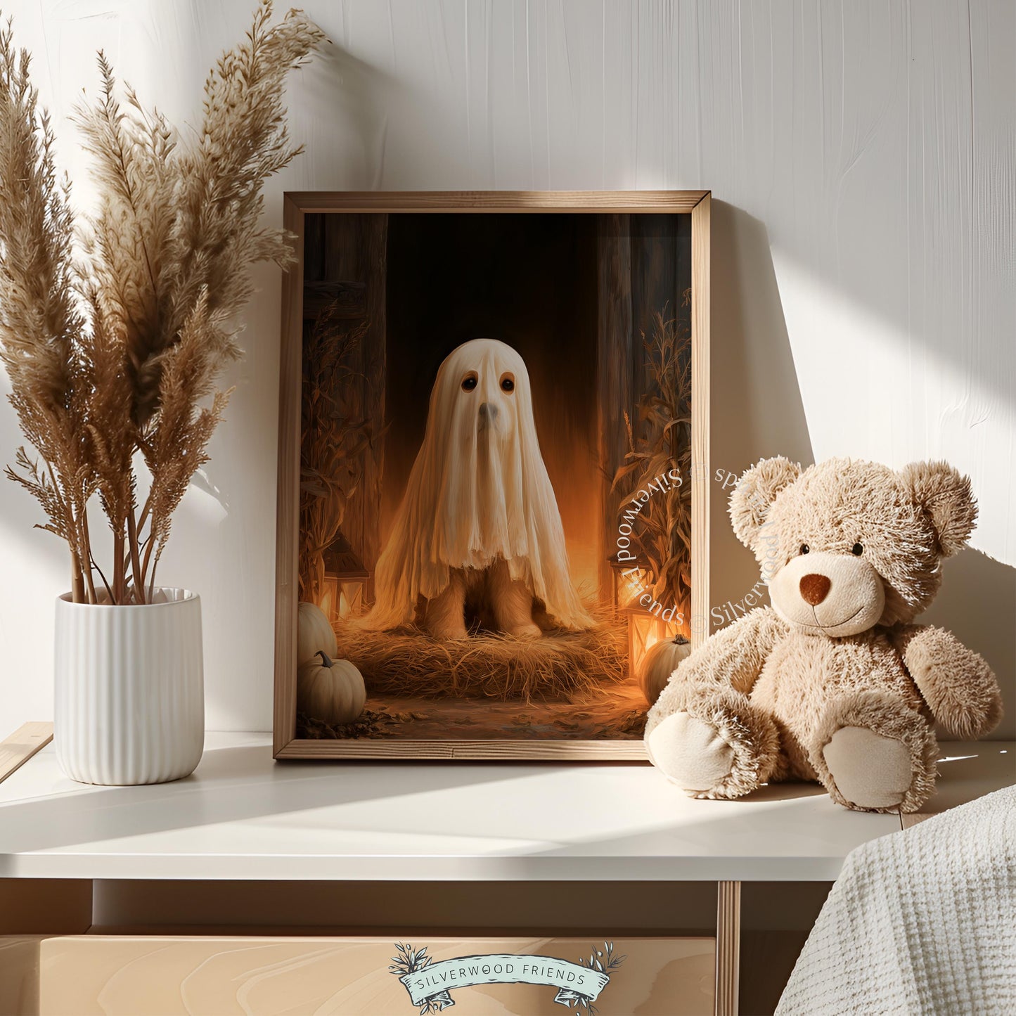 Sheeted pup digital art for seasonal gifting — warm moody Halloween cottage core aesthetic