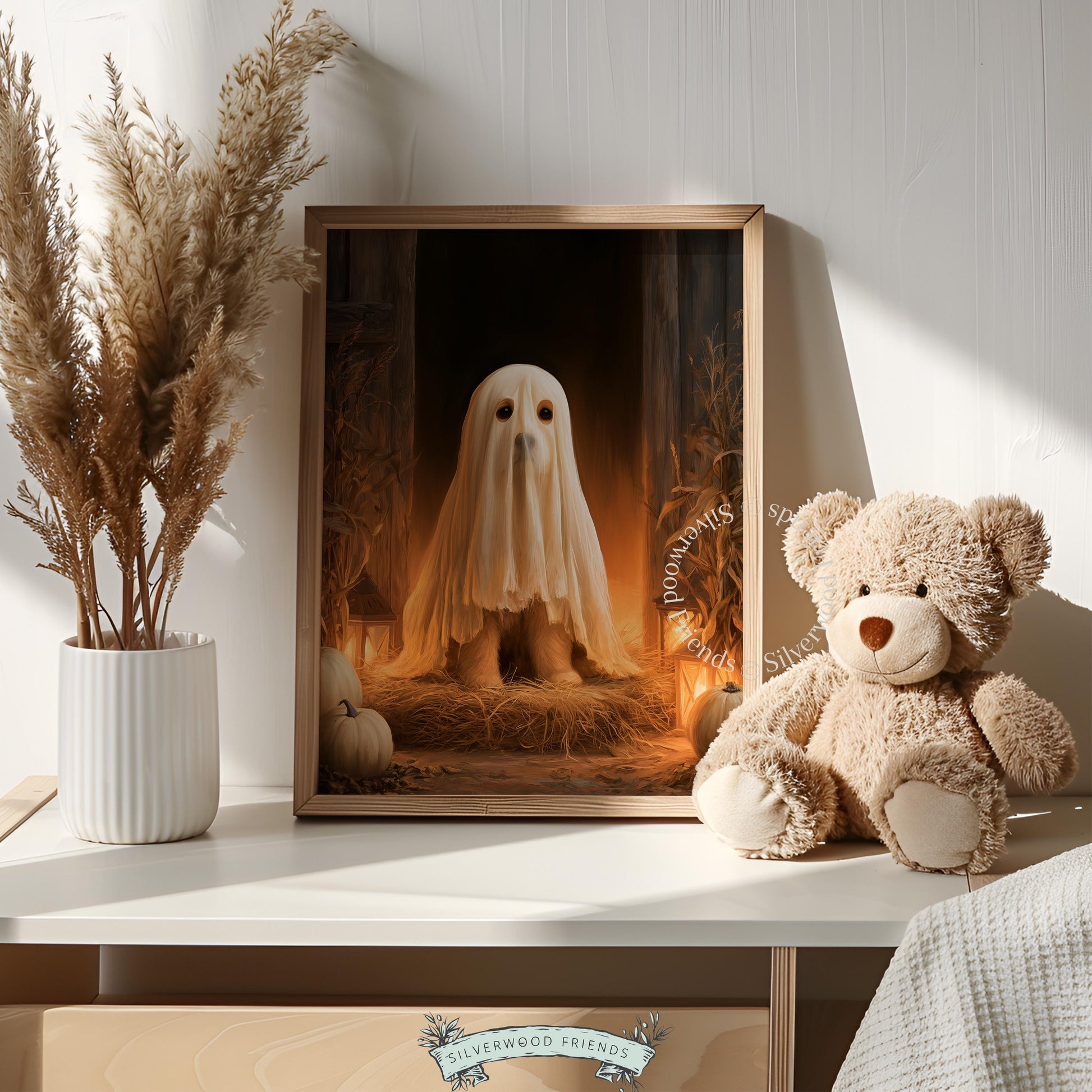 Sheeted pup digital art for seasonal gifting — warm moody Halloween cottage core aesthetic