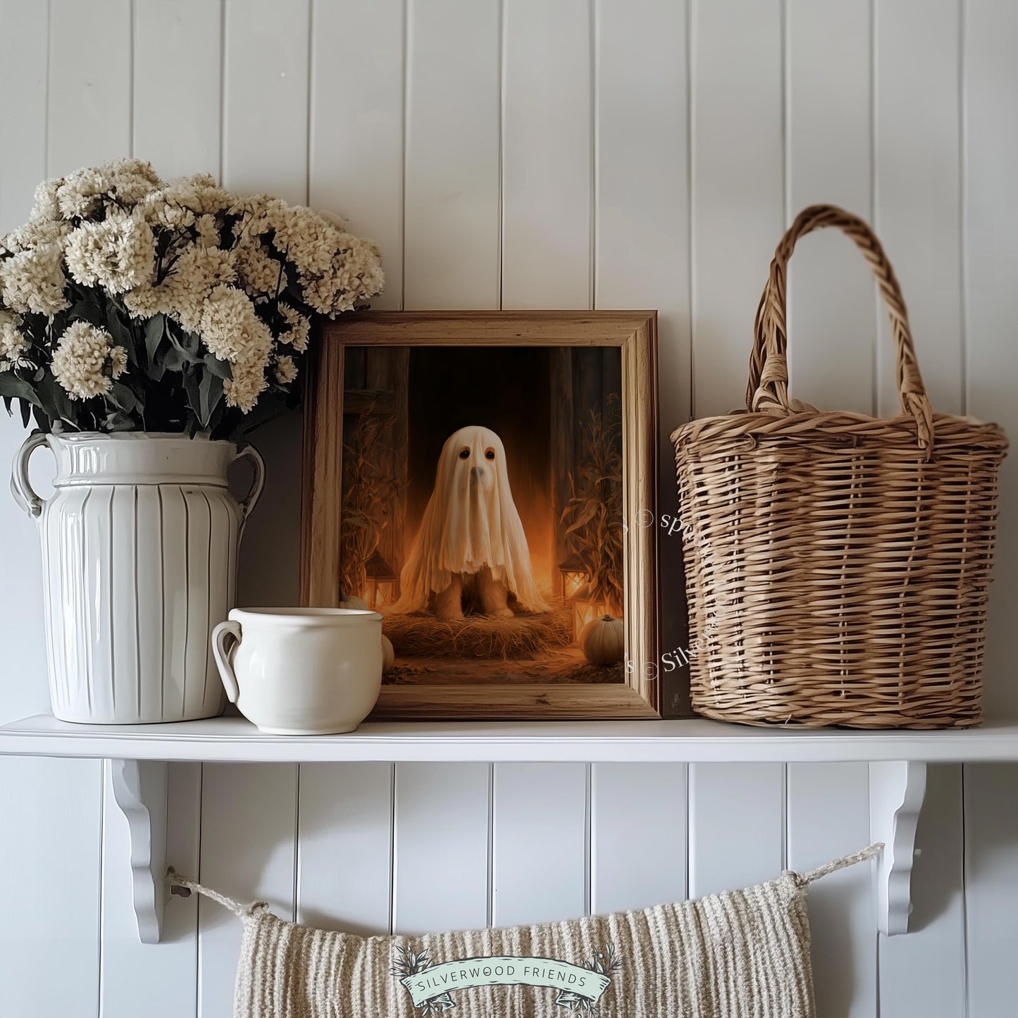 Trick-or-treating pup artwork digital file — barn setting, moody tones, golden seasonal glow