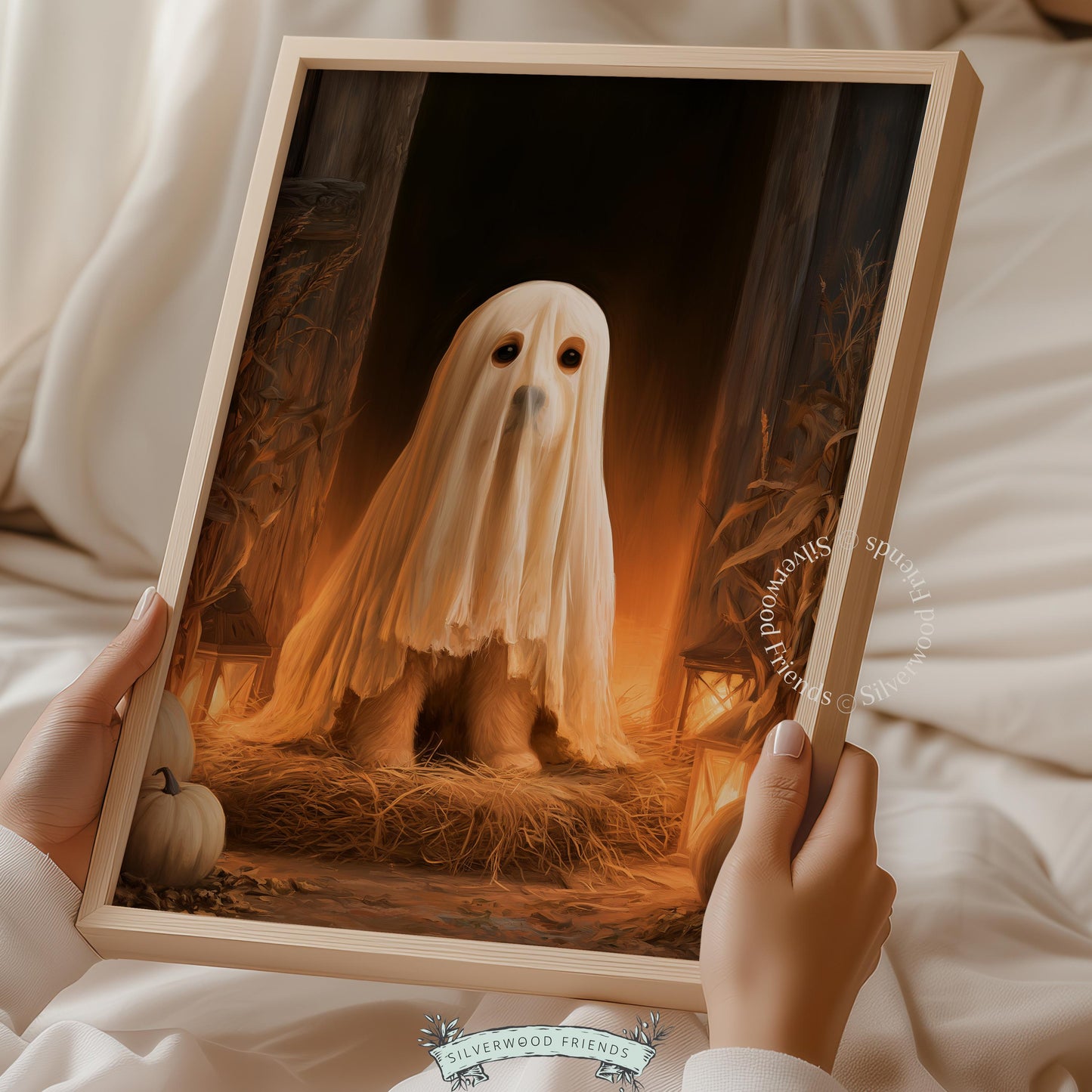 White-sheeted dog picture for Halloween wall — cozy seasonal artwork with dried corn stalks