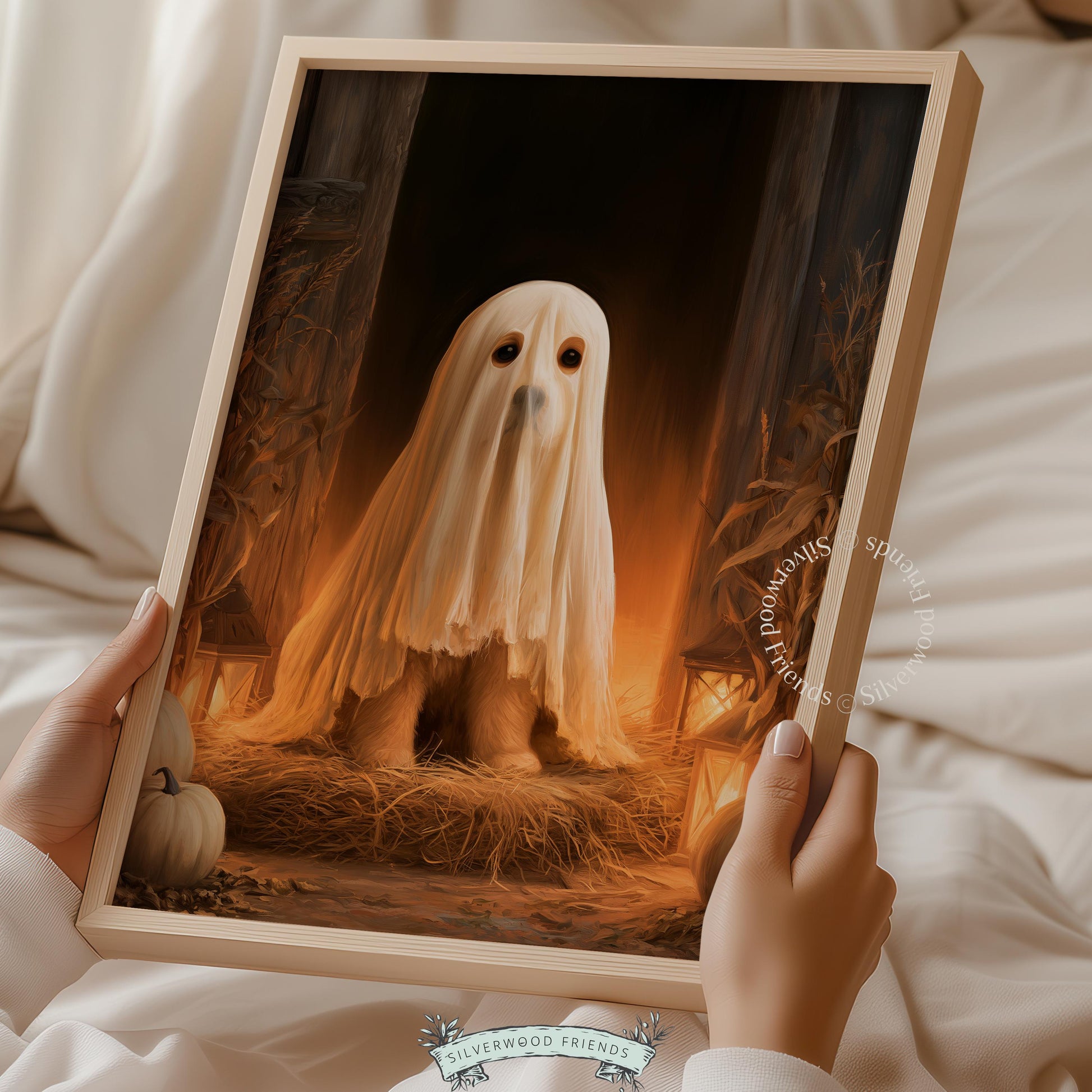 White-sheeted dog picture for Halloween wall — cozy seasonal artwork with dried corn stalks