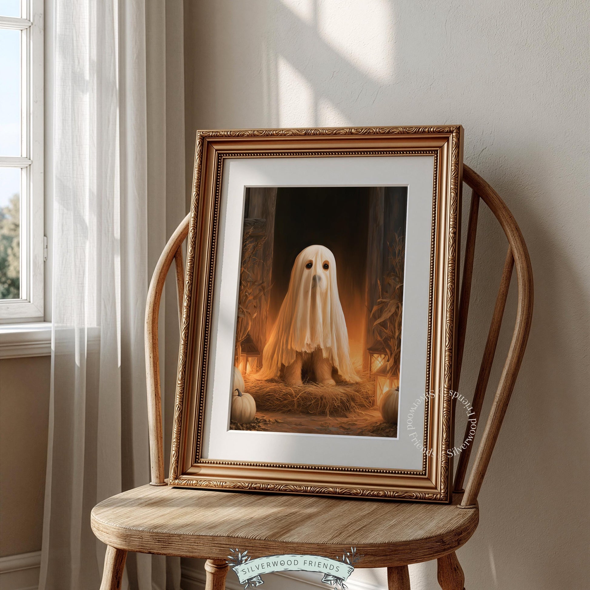 Ghostly pooch painting printable design — witchy fall atmosphere with hay bales and lanterns